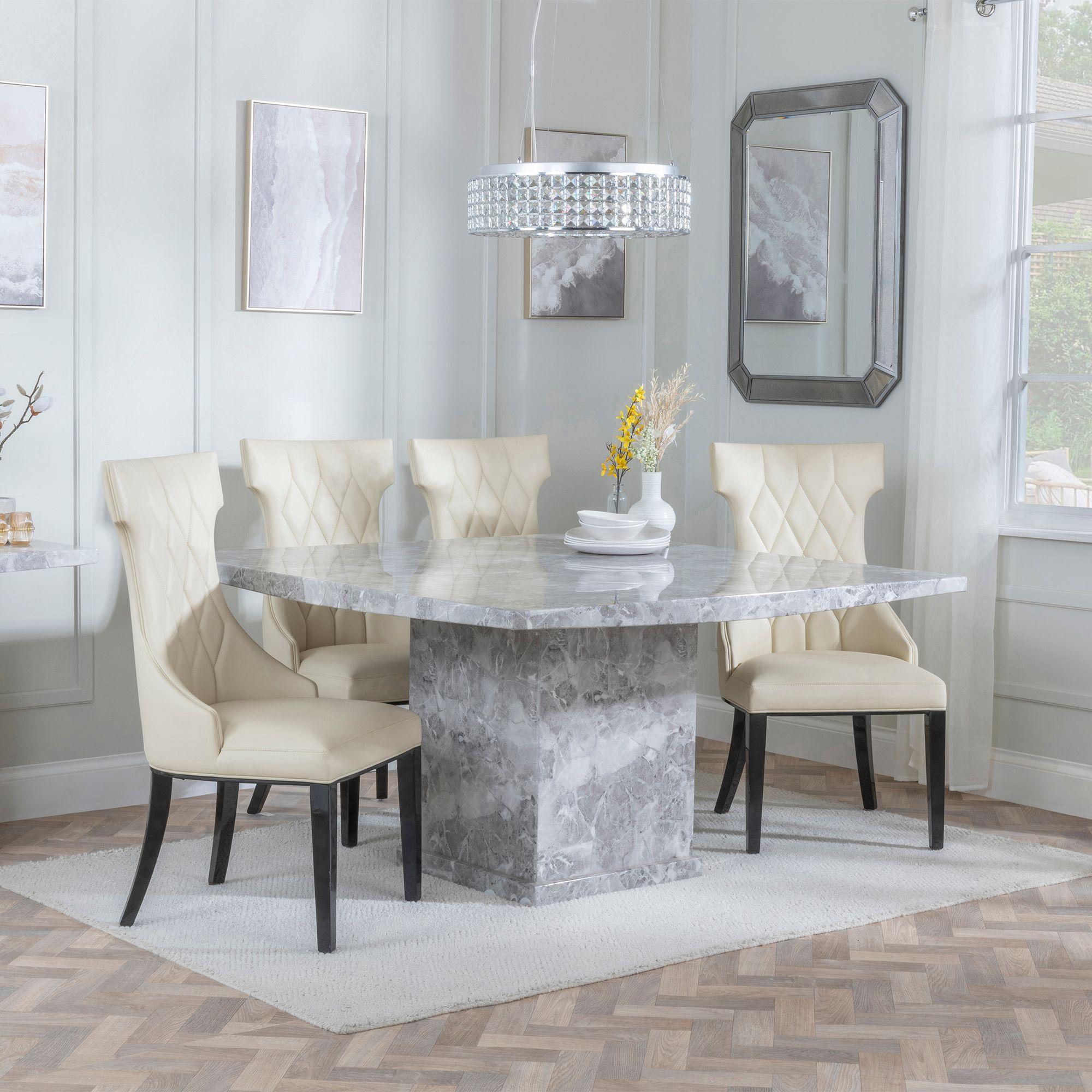 Turin Dining Set - 8 Seater - 140cm - Square - Grey Marble - Mimi Dining Chairs - Cream Leather