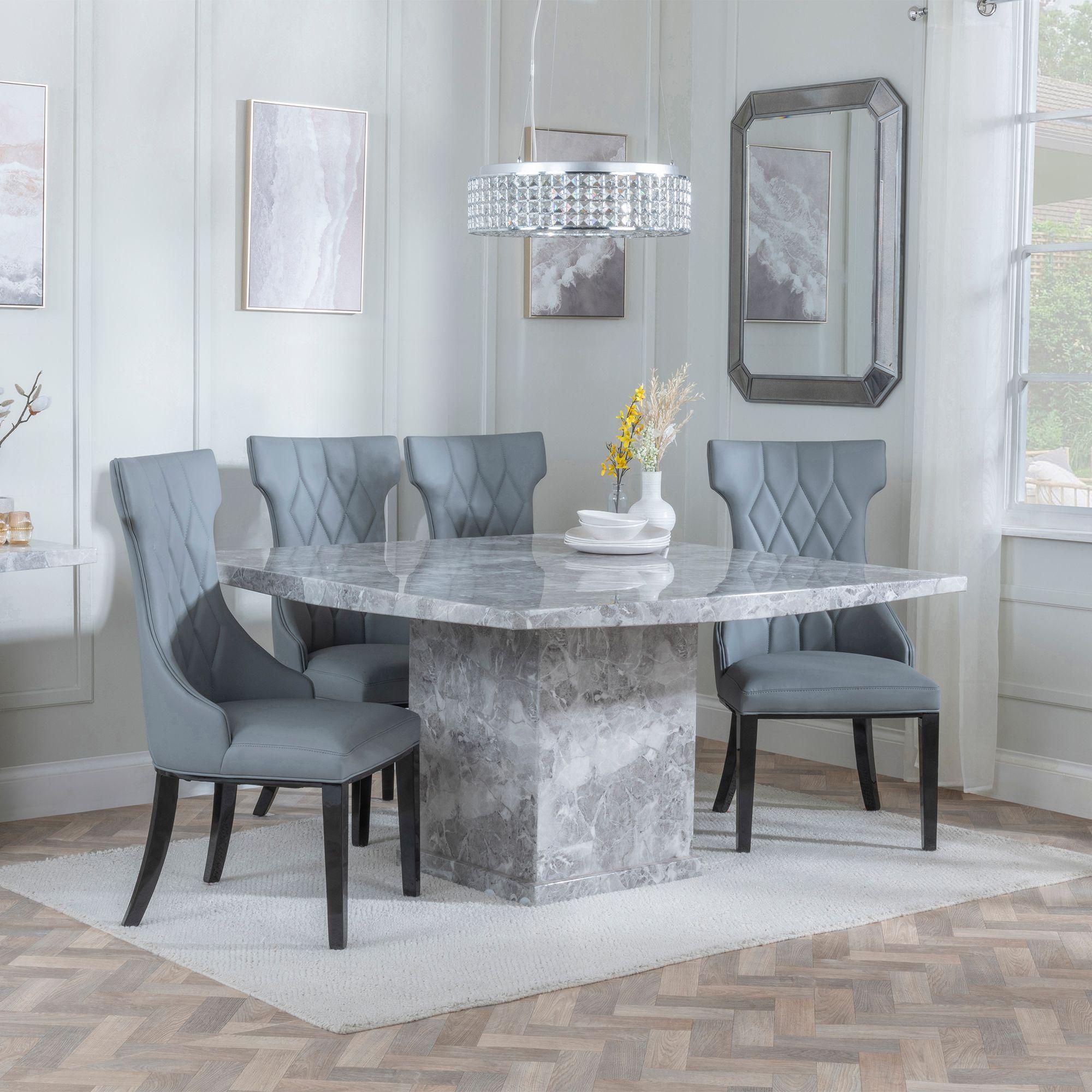 Turin Dining Set - 8 Seater - 140cm - Square - Grey Marble - Mimi Dining Chairs - Grey Leather