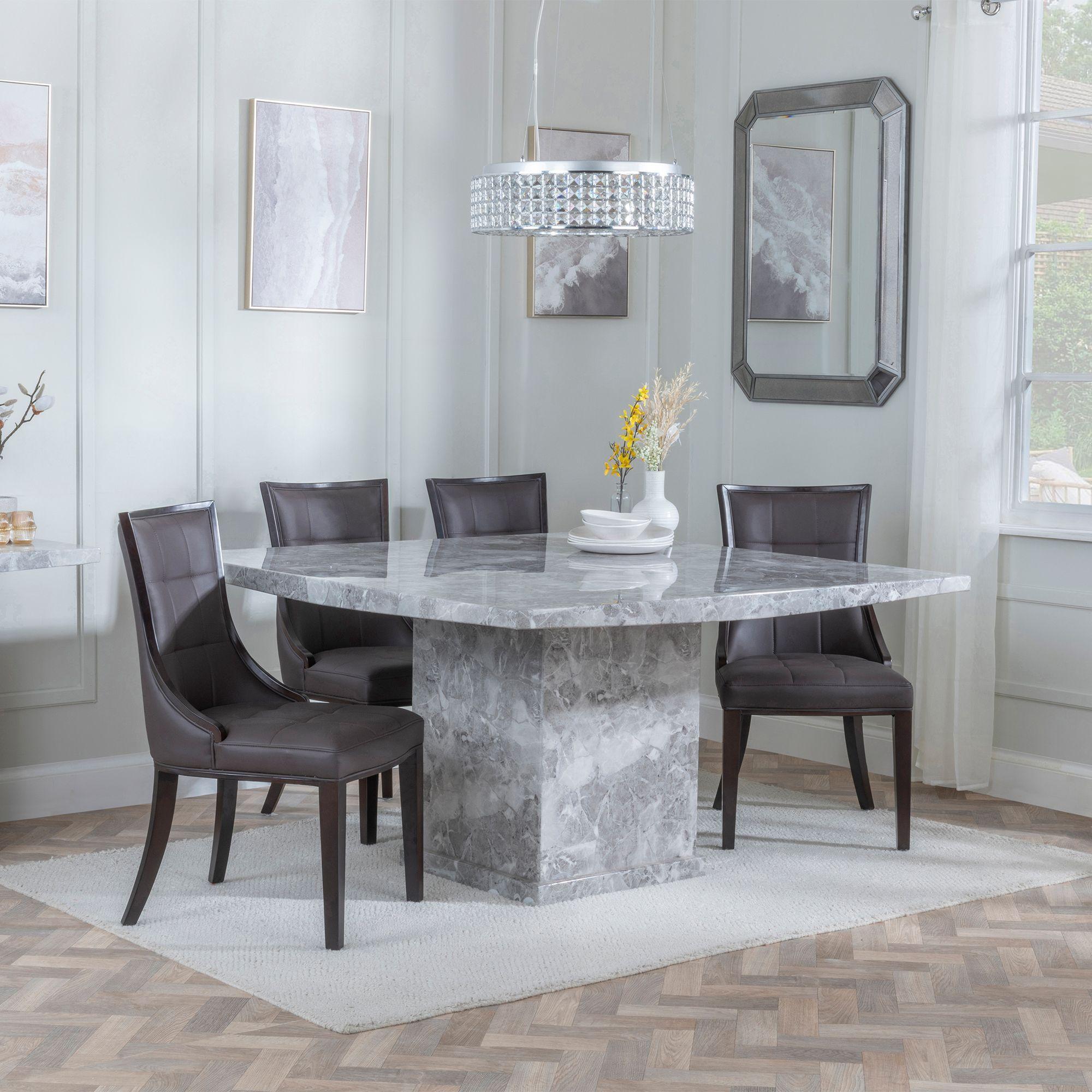 Turin Dining Set - 8 Seater - 140cm - Square - Grey Marble - Paris Dining Chairs - Brown Leather - Brown Legs