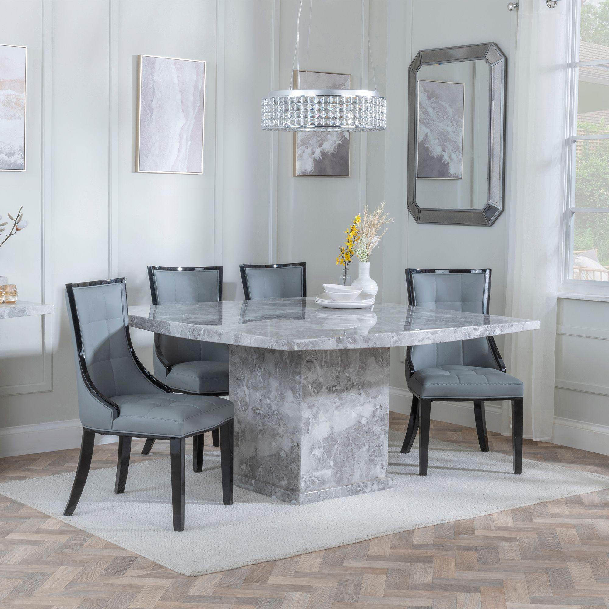 Turin Dining Set - 8 Seater - 140cm - Square - Grey Marble - Paris Dining Chairs - Grey Leather - Black Legs