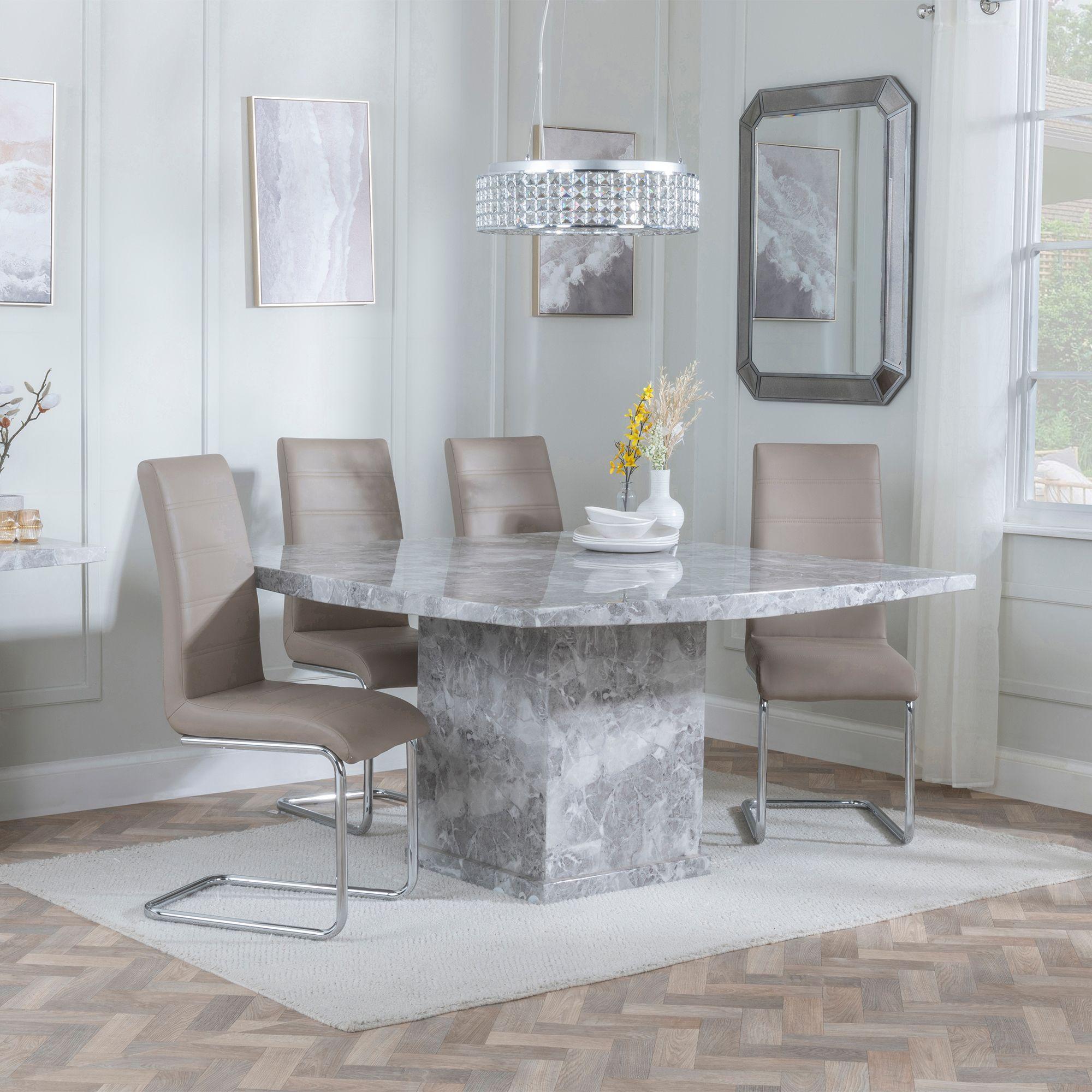 Turin Dining Set - 8 Seater - 140cm - Square - Grey Marble - Roma Dining Chairs - Beige Faux Leather