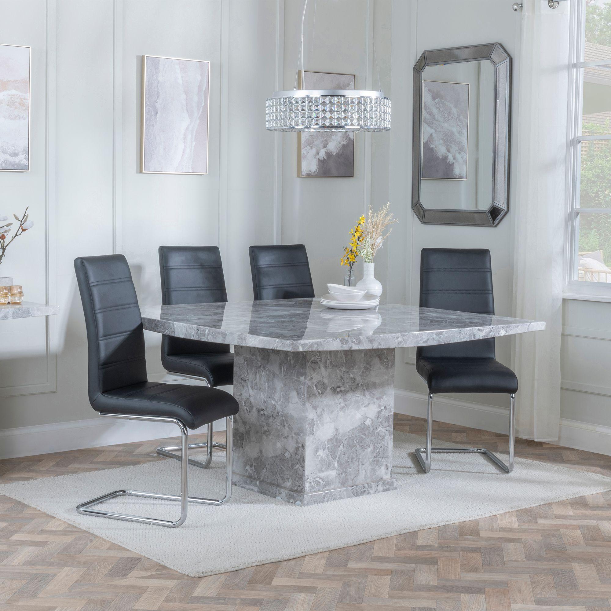 Turin Dining Set - 8 Seater - 140cm - Square - Grey Marble - Roma Dining Chairs - Black Faux Leather