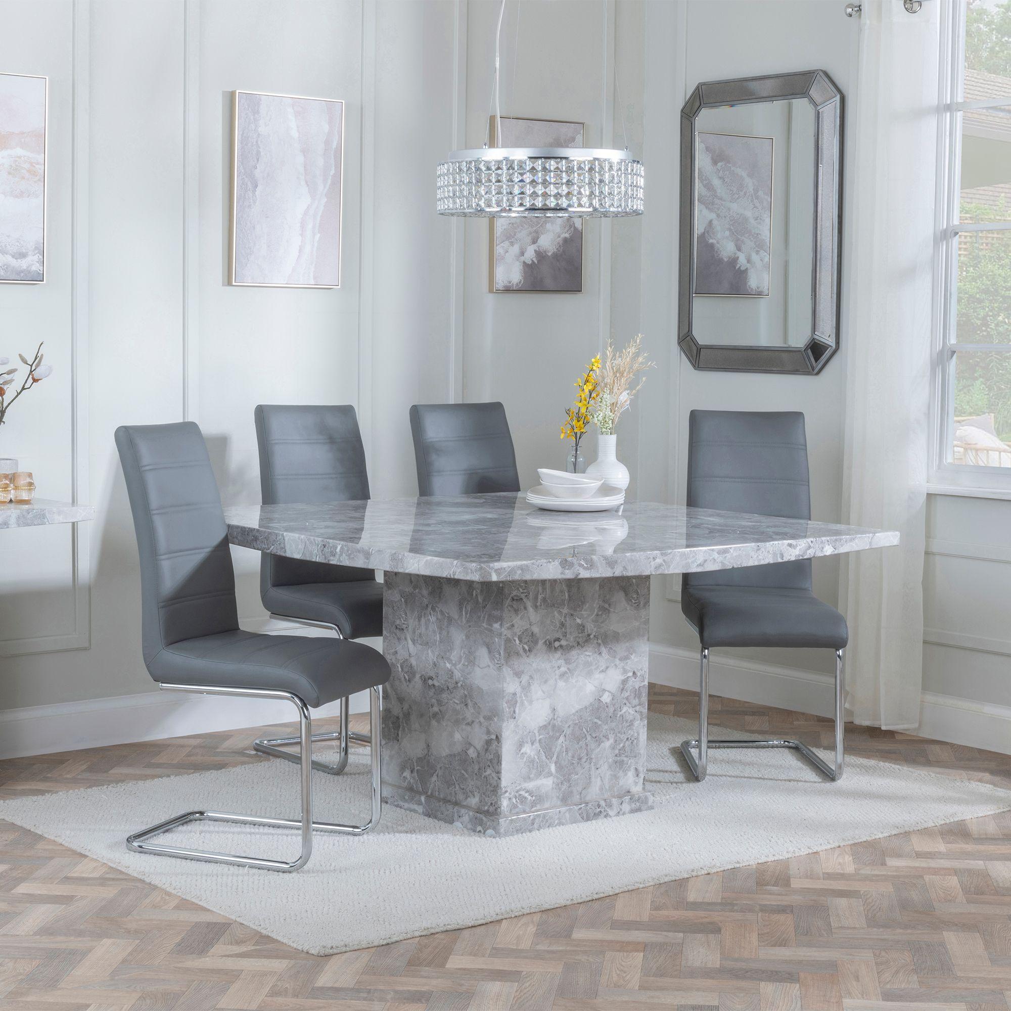 Turin Dining Set - 8 Seater - 140cm - Square - Grey Marble - Roma Dining Chairs - Grey Faux Leather
