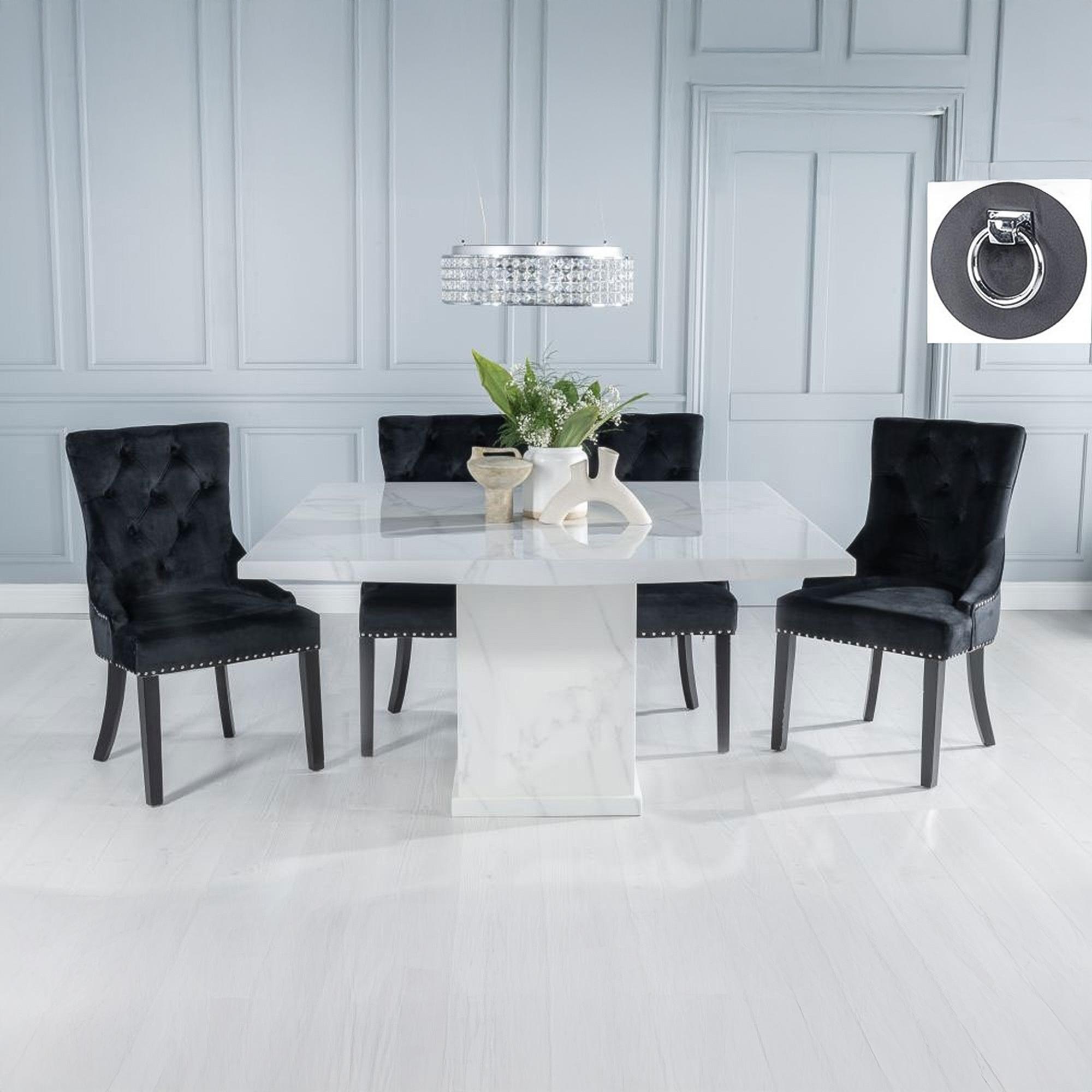 Turin Dining Set - 8 Seater - 140cm - Square - White Marble - Knocker Back Dining Chairs - Black Fabric - Black Legs