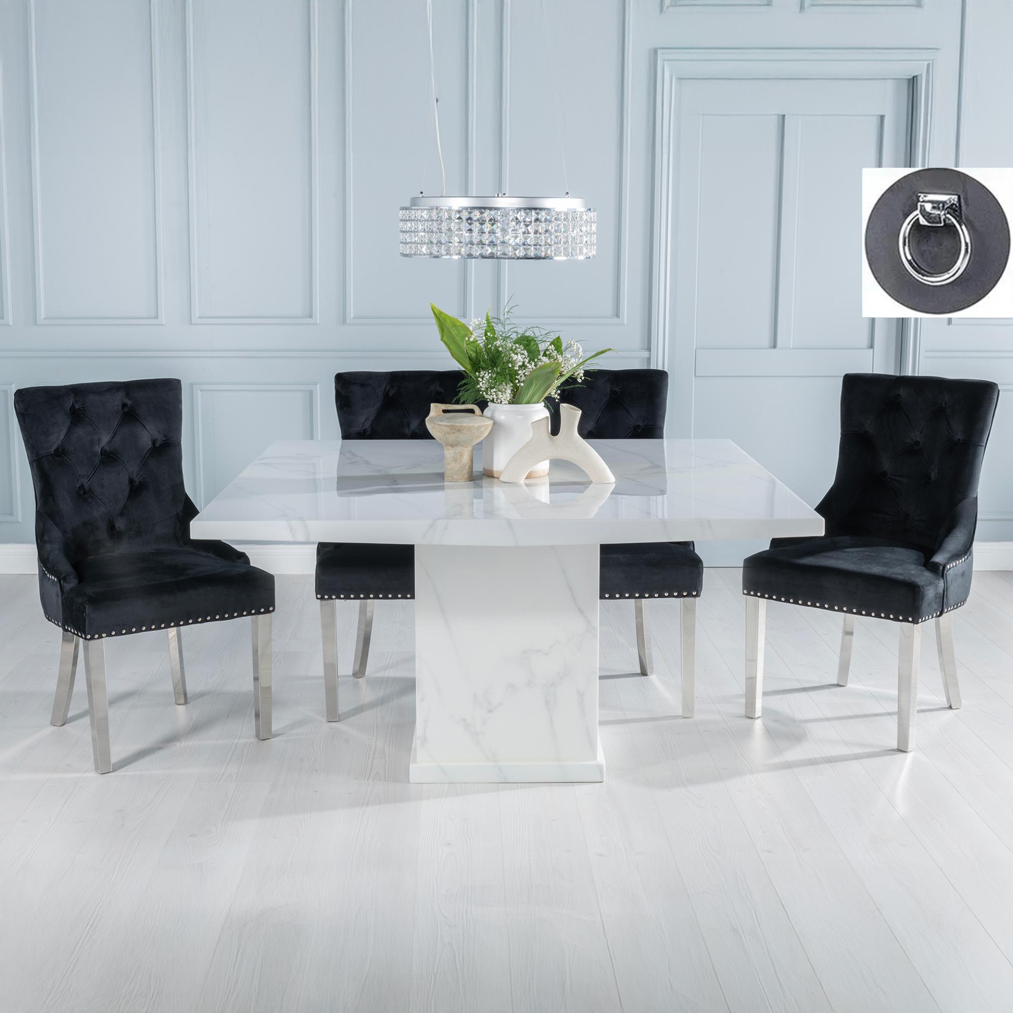 Turin Dining Set - 8 Seater - 140cm - Square - White Marble - Knocker Back Dining Chairs - Black Fabric - Chrome Legs