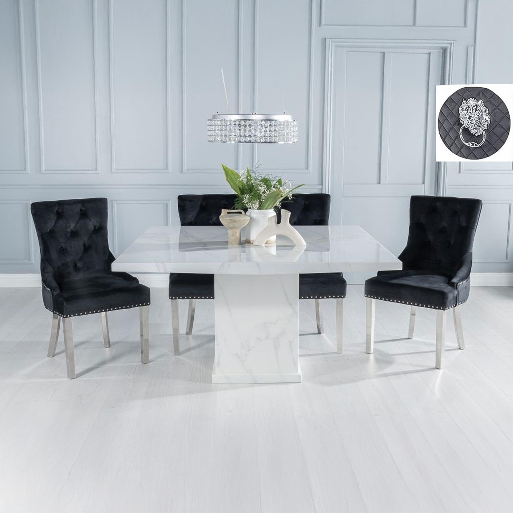 Turin Dining Set - 8 Seater - 140cm - Square - White Marble - Lion Head Ring Back Dining Chairs - Black Fabric - Chrome Legs