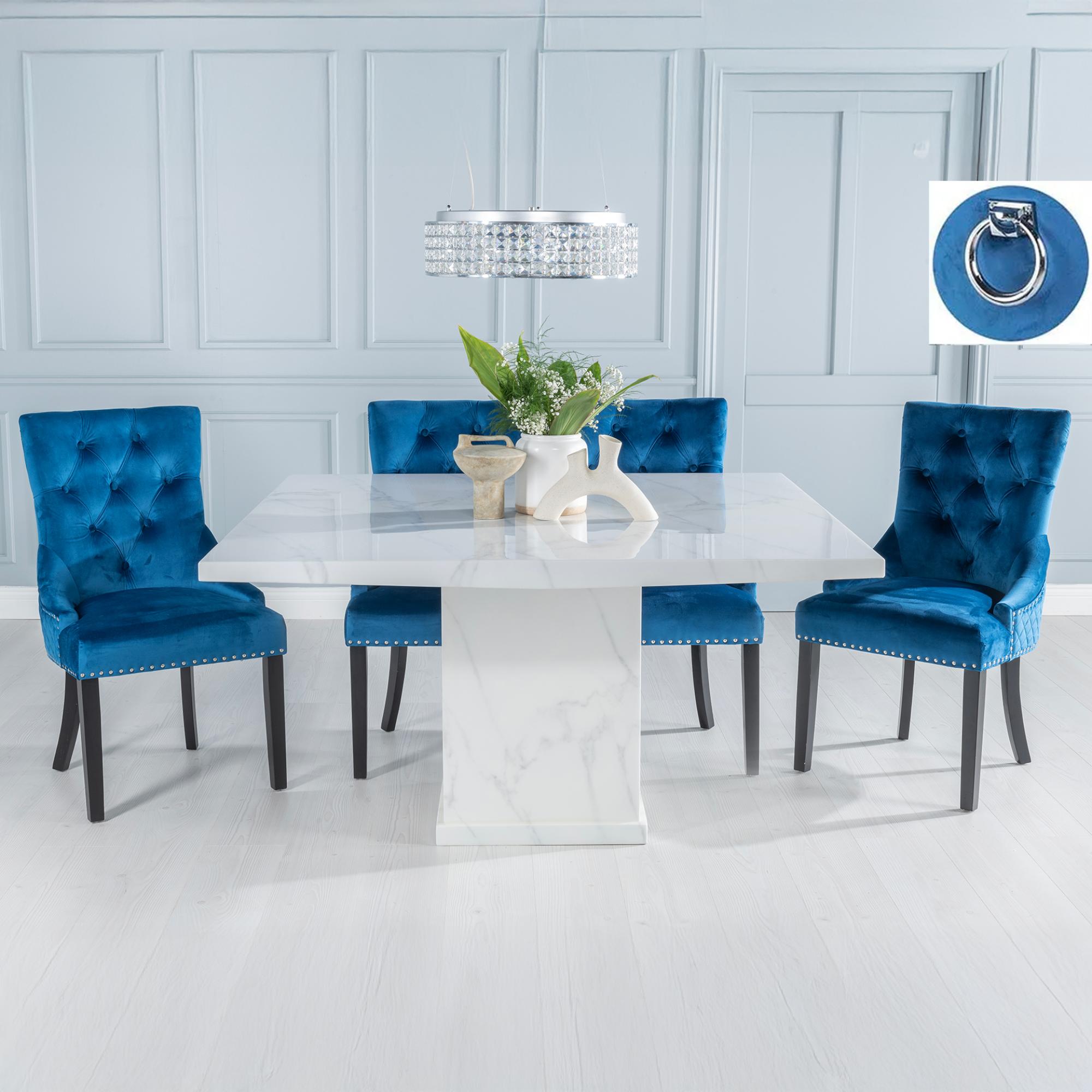Turin Dining Set - 8 Seater - 140cm - Square - White Marble - Knocker Back Dining Chairs - Blue Fabric - Black Legs
