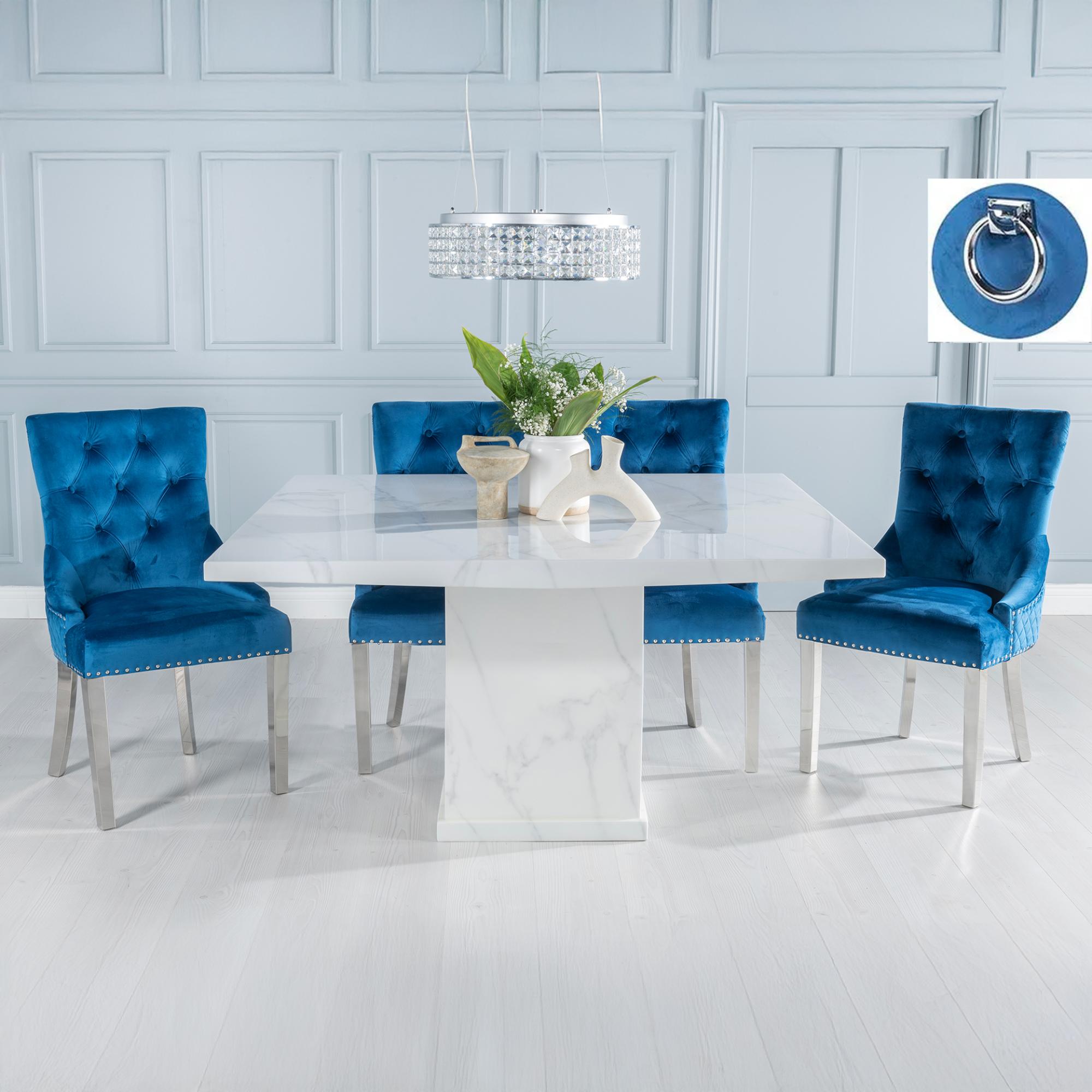 Turin Dining Set - 8 Seater - 140cm - Square - White Marble - Knocker Back Dining Chairs - Blue Fabric - Chrome Legs