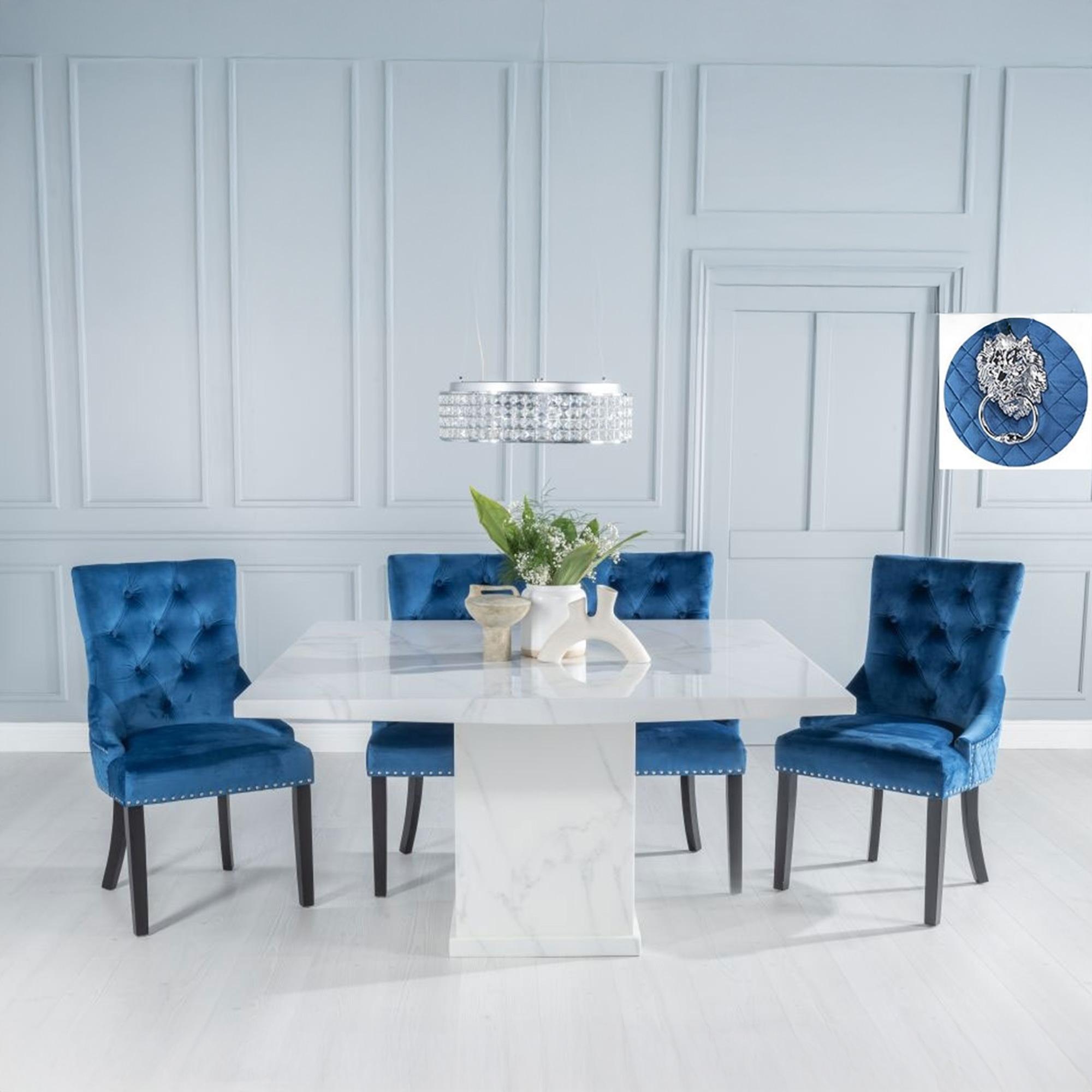 Turin Dining Set - 8 Seater - 140cm - Square - White Marble - Lion Head Ring Back Dining Chairs - Blue Fabric - Black Legs