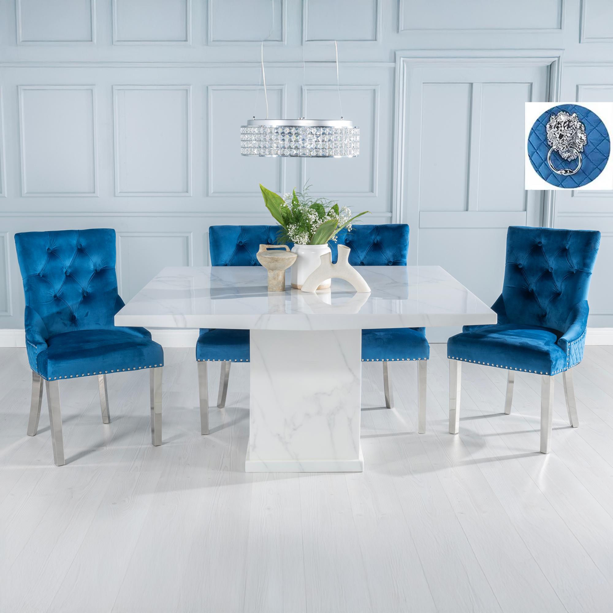 Turin Dining Set - 8 Seater - 140cm - Square - White Marble - Lion Head Ring Back Dining Chairs - Blue Fabric - Chrome Legs