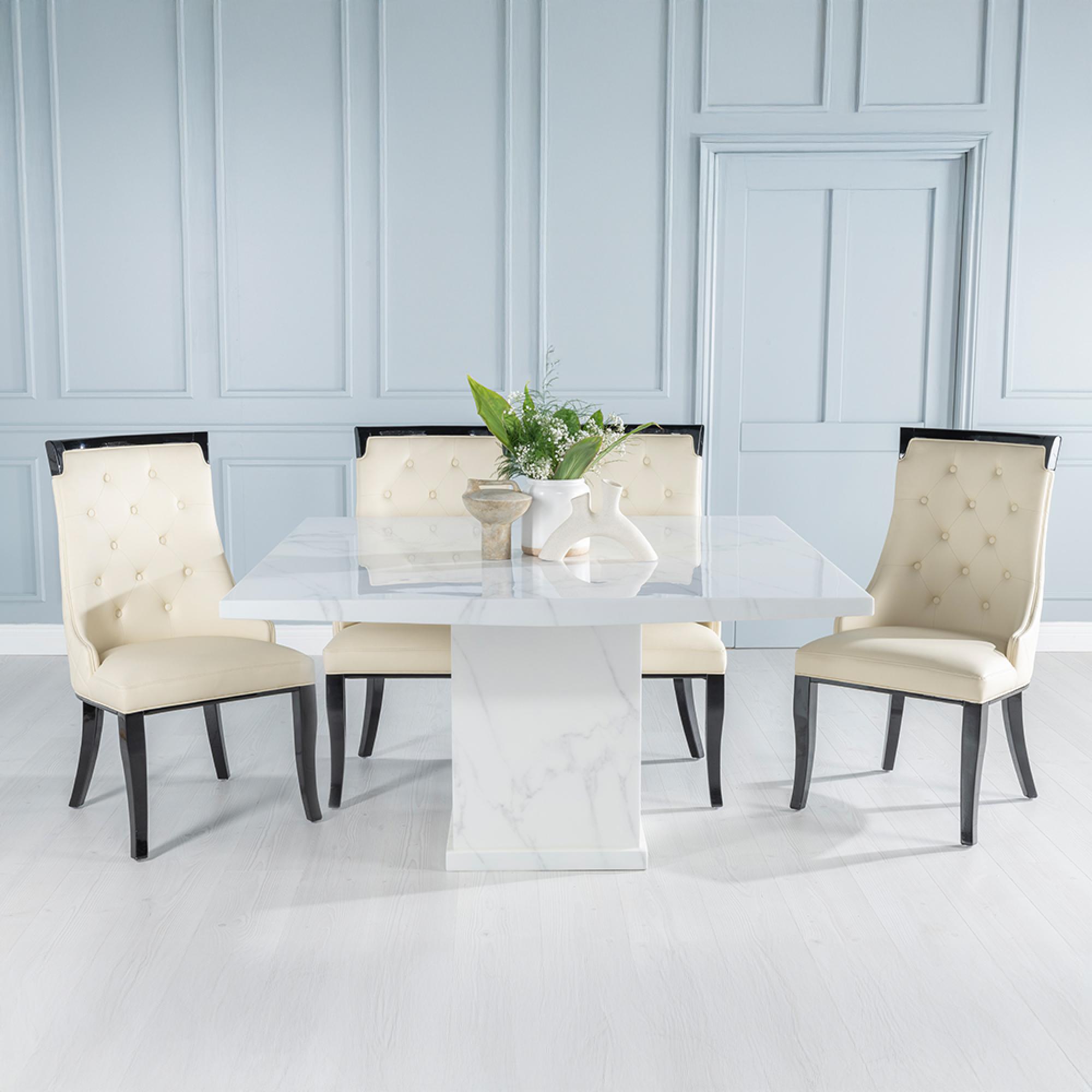 Turin Dining Set - 8 Seater - 140cm - Square - White Marble - Carmela Chairs - Cream Faux Leather
