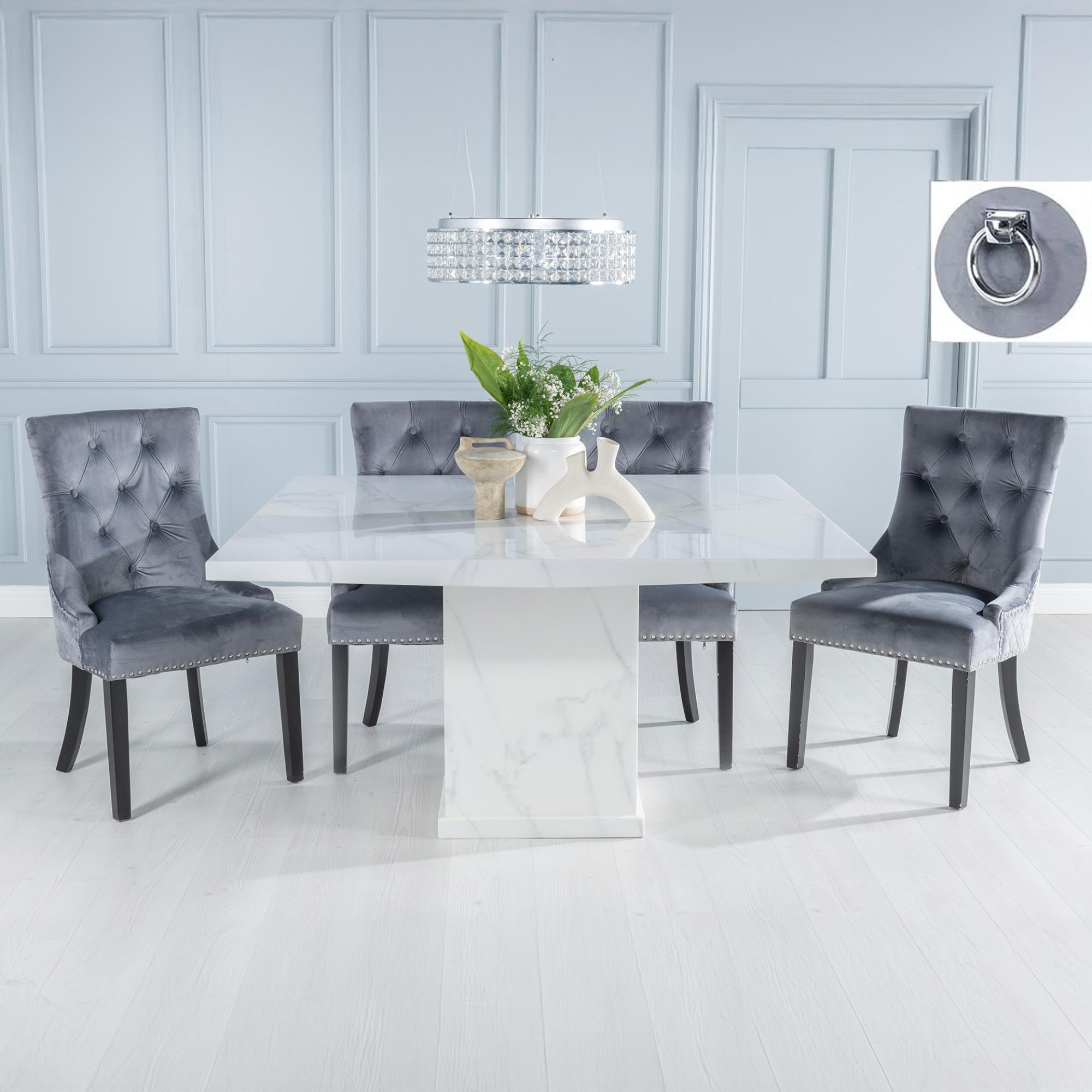 Turin Dining Set - 8 Seater - 140cm - Square - White Marble - Knocker Back Dining Chairs - Grey Fabric - Black Legs