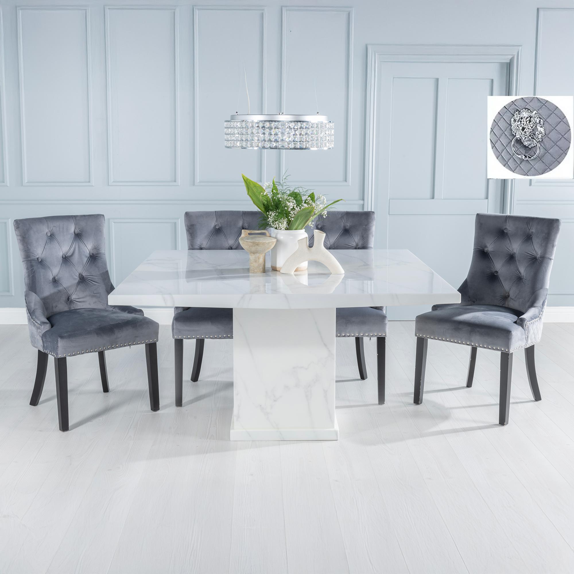 Turin Dining Set - 8 Seater - 140cm - Square - White Marble - Lion Head Ring Back Dining Chairs - Grey Fabric - Black Legs