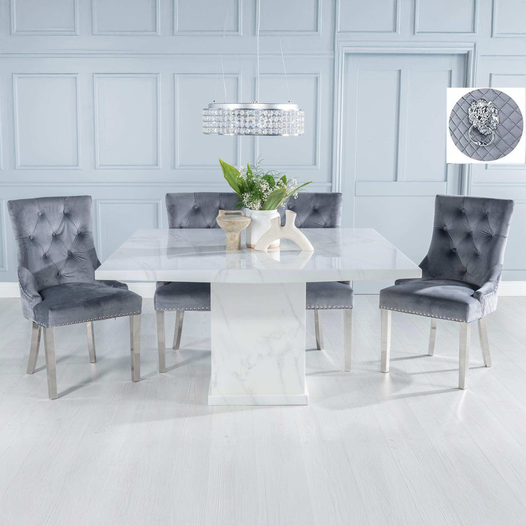 Turin Dining Set - 8 Seater - 140cm - Square - White Marble - Lion Head Ring Back Dining Chairs - Grey Fabric - Chrome Legs