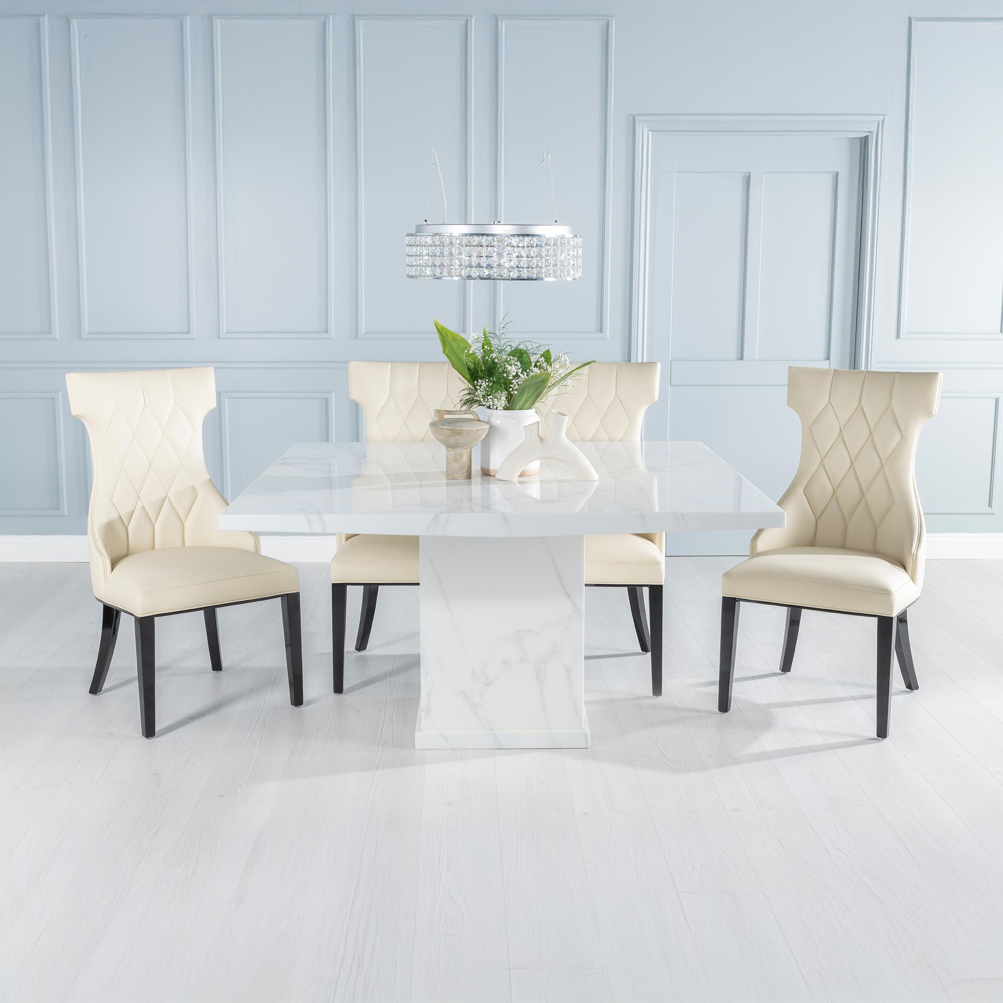 Turin Dining Set - 8 Seater - 140cm - Square - White Marble - Mimi Chairs - Cream Faux Leather