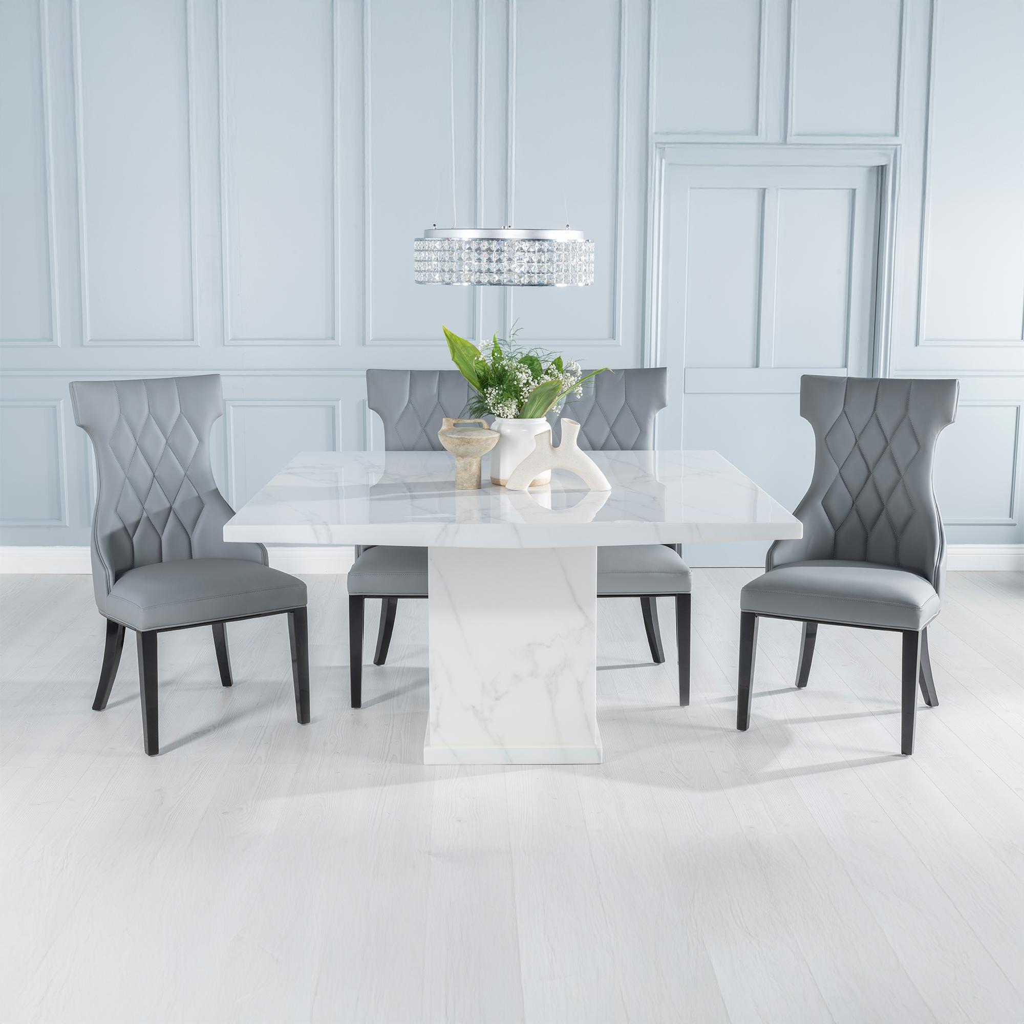 Turin Dining Set - 8 Seater - 140cm - Square - White Marble - Mimi Chairs - Grey Faux Leather