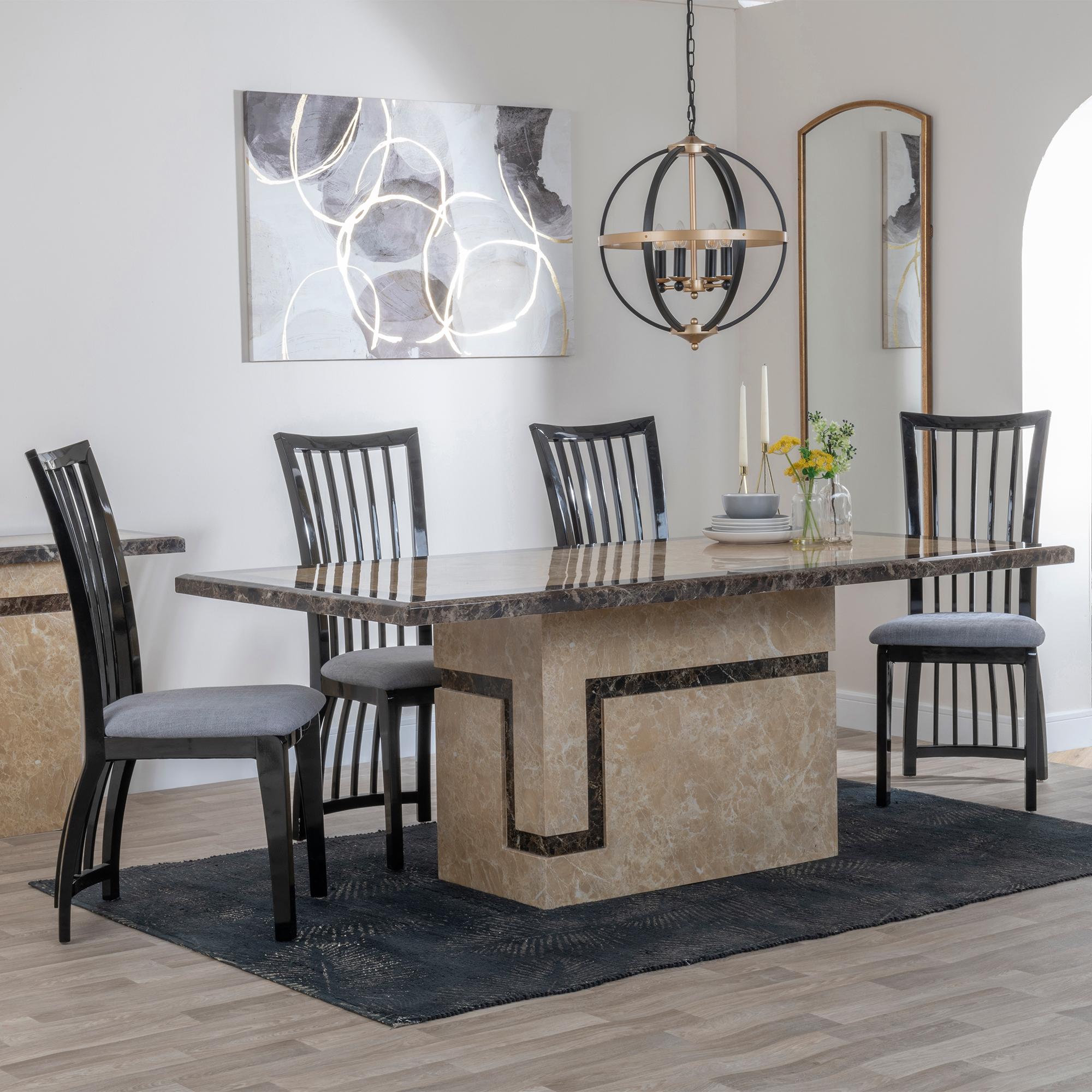 Venice Dining Set - 6 Seater - 160cm - Cream Marble - Athena Dining Chairs - Black High Gloss - Grey Seat Pads