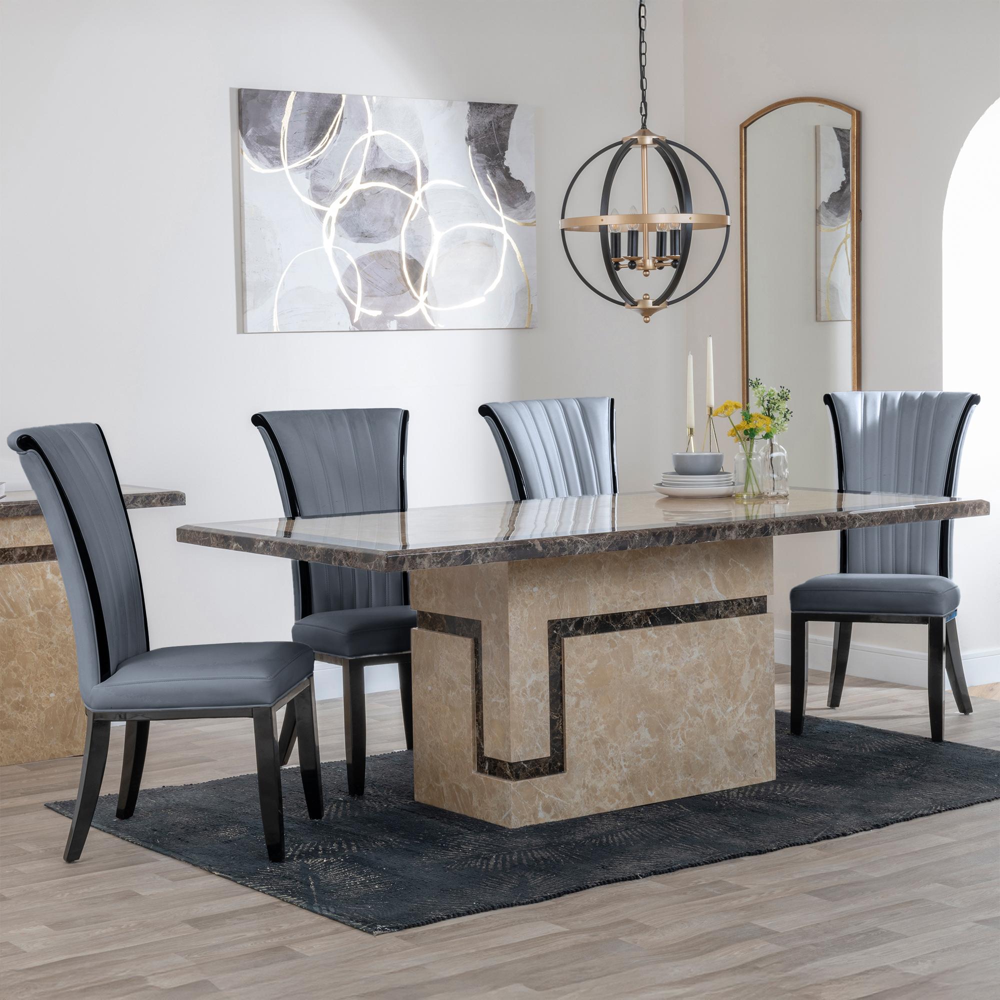 Venice Dining Set - 6 Seater - 160cm - Cream Marble - Cadiz Dining Chairs - Grey Leather