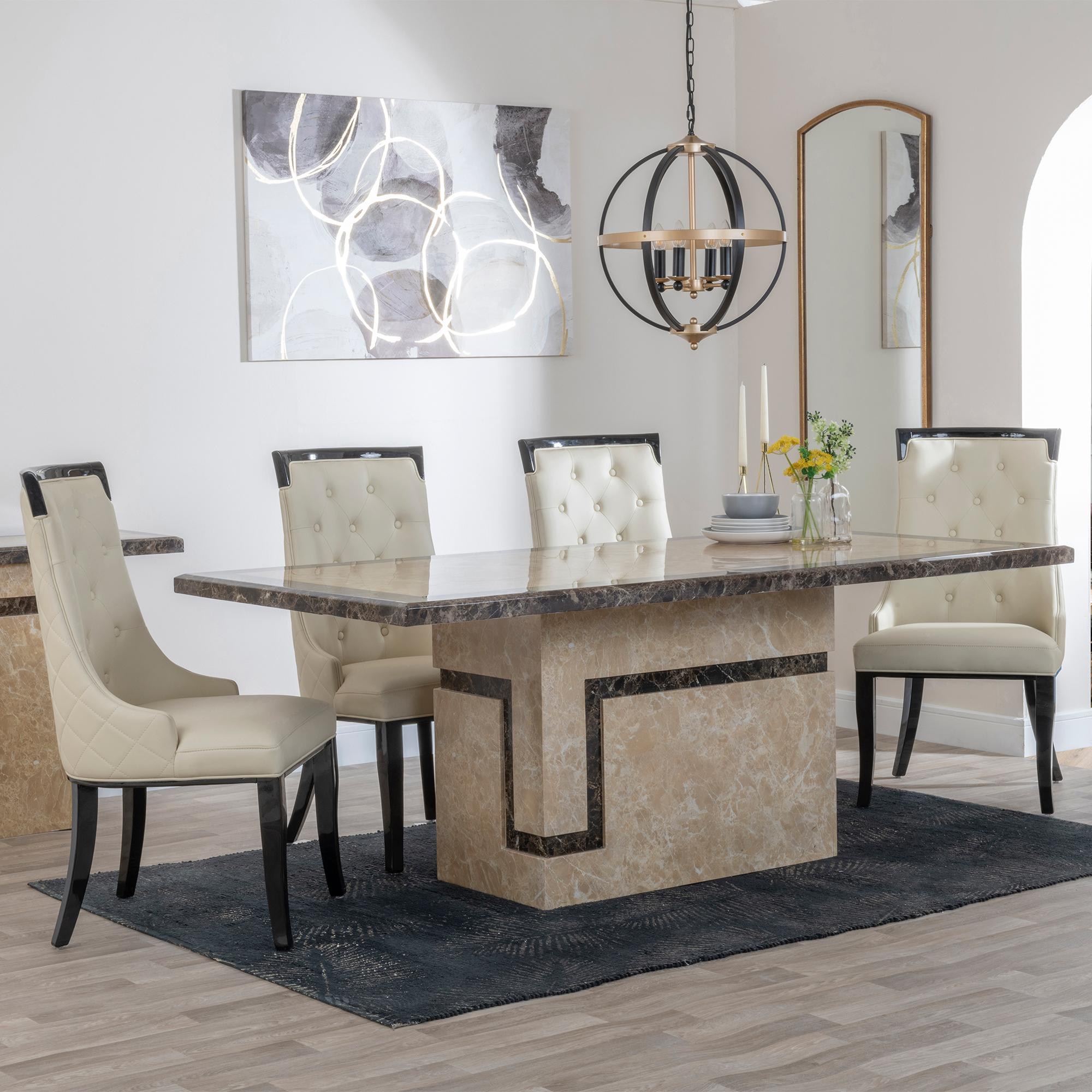 Venice Dining Set - 6 Seater - 160cm - Cream Marble - Carmela Dining Chairs - Cream Leather