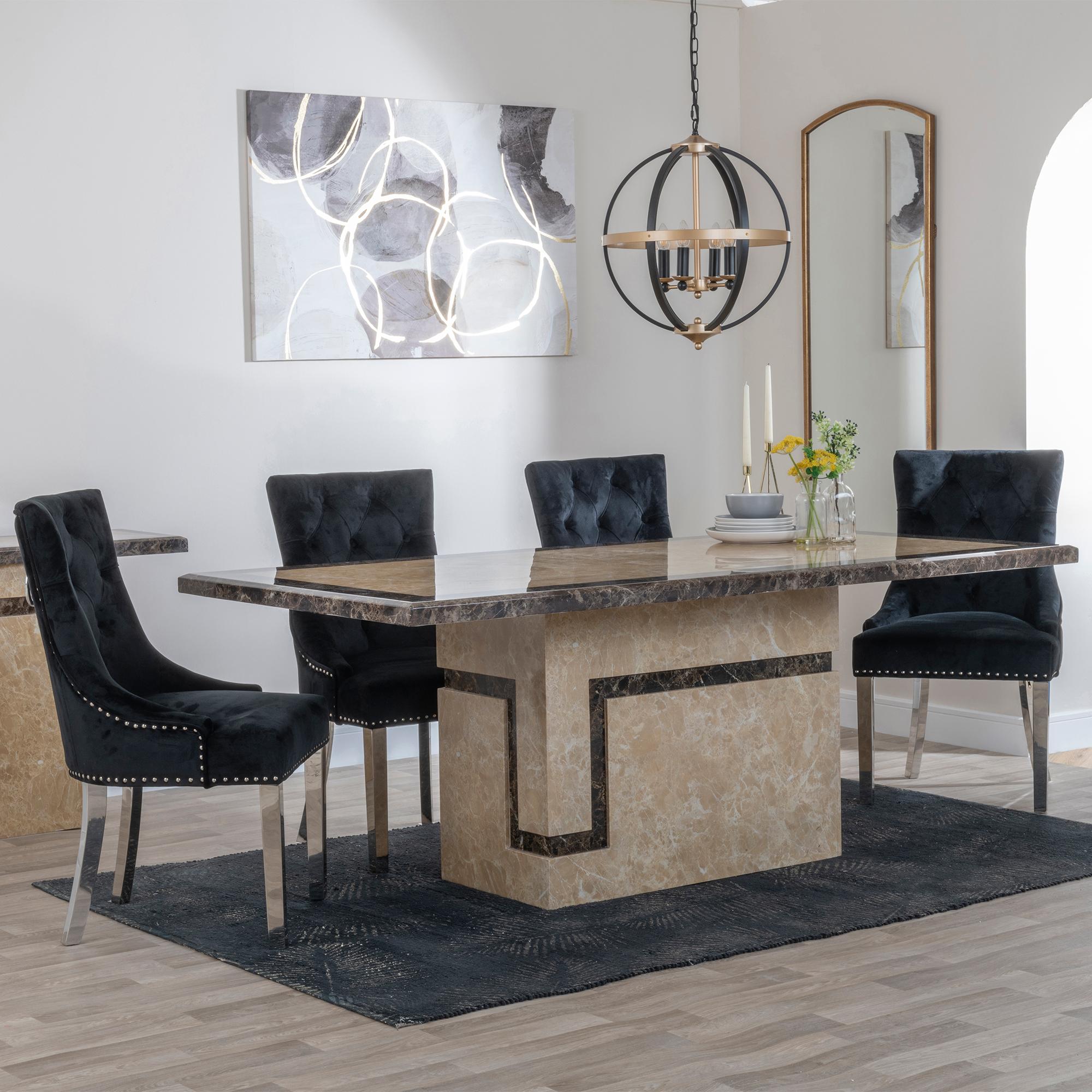 Venice Dining Set - 6 Seater - 160cm - Cream Marble - Knocker Back Dining Chairs - Black Velvet Fabric - Chrome Legs