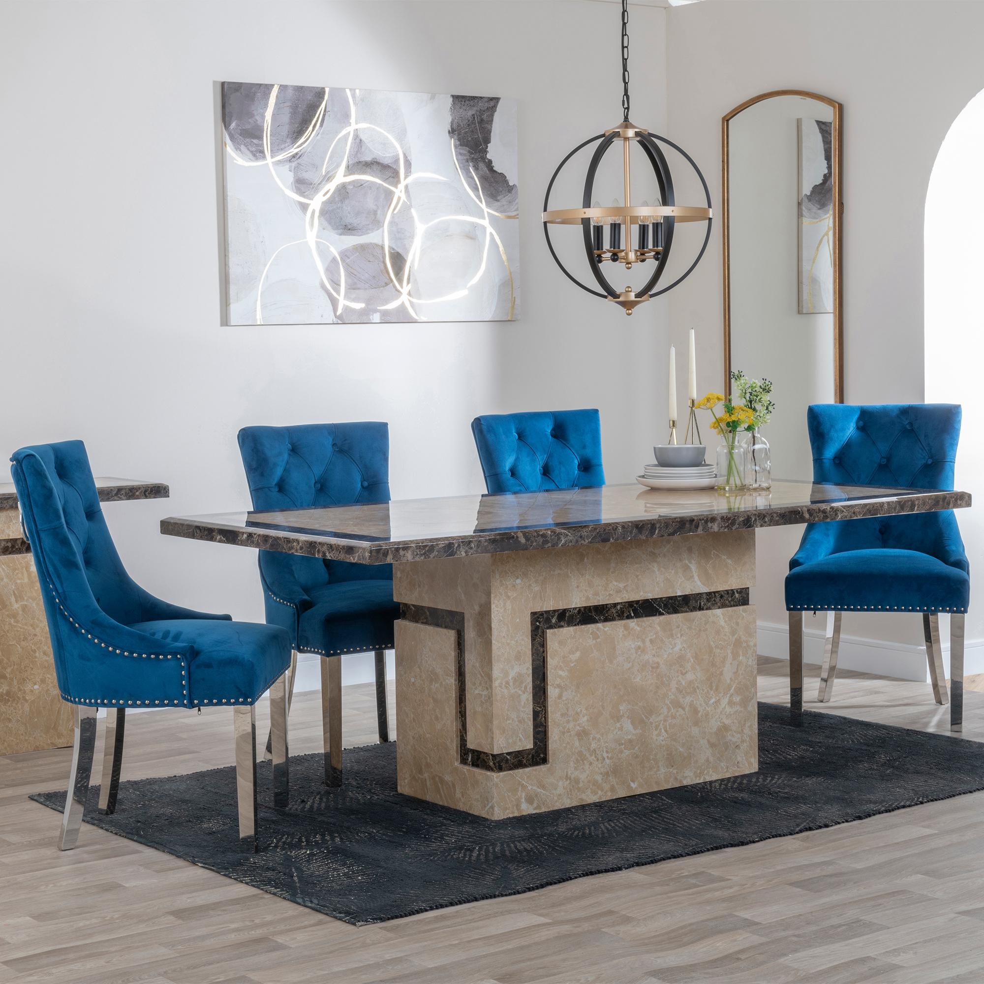 Venice Dining Set - 6 Seater - 160cm - Cream Marble - Knocker Back Dining Chairs - Blue Velvet Fabric - Chrome Legs