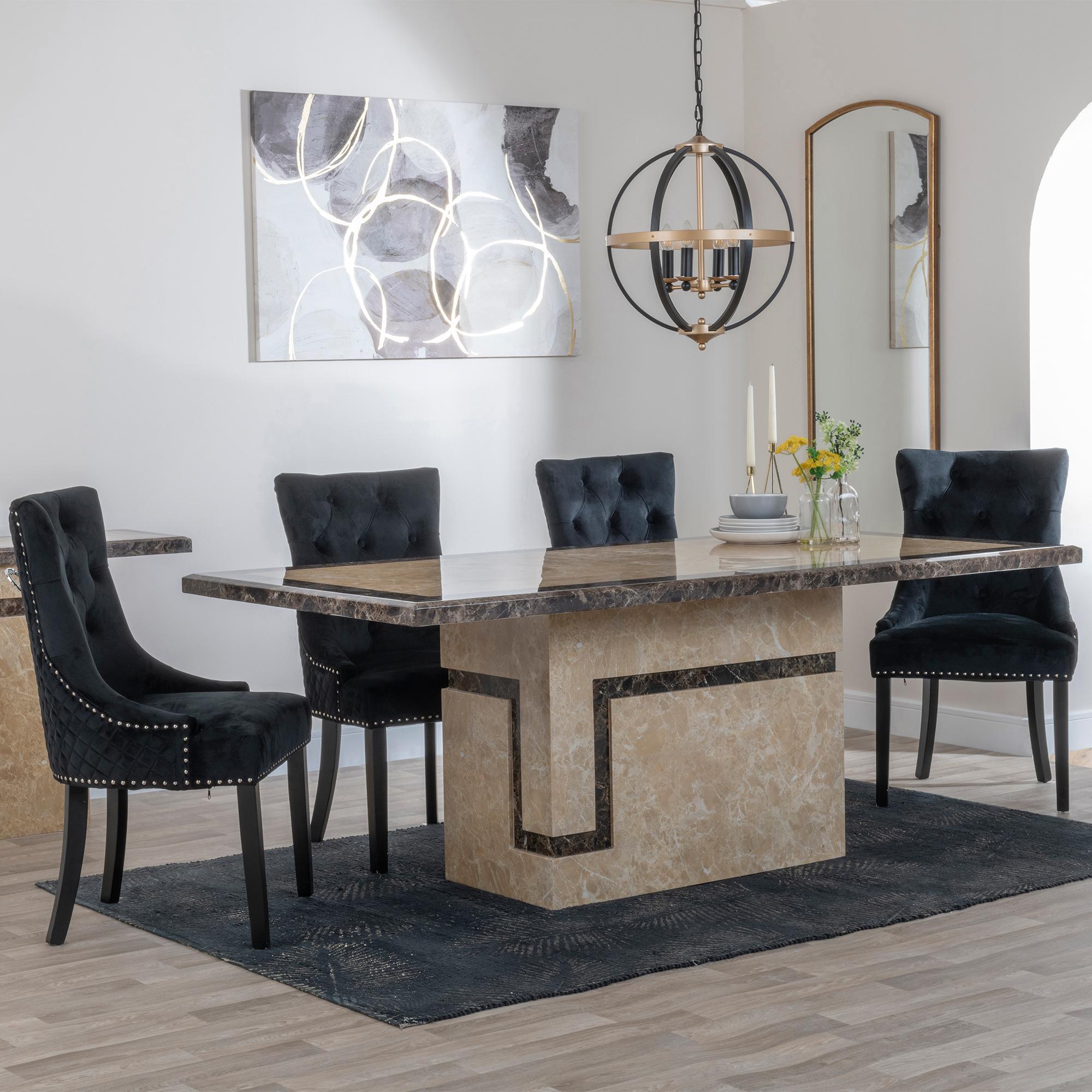 Venice Dining Set - 6 Seater - 160cm - Cream Marble - Lion Knocker Back Dining Chairs - Black Velvet Fabric - Black Wooden Legs