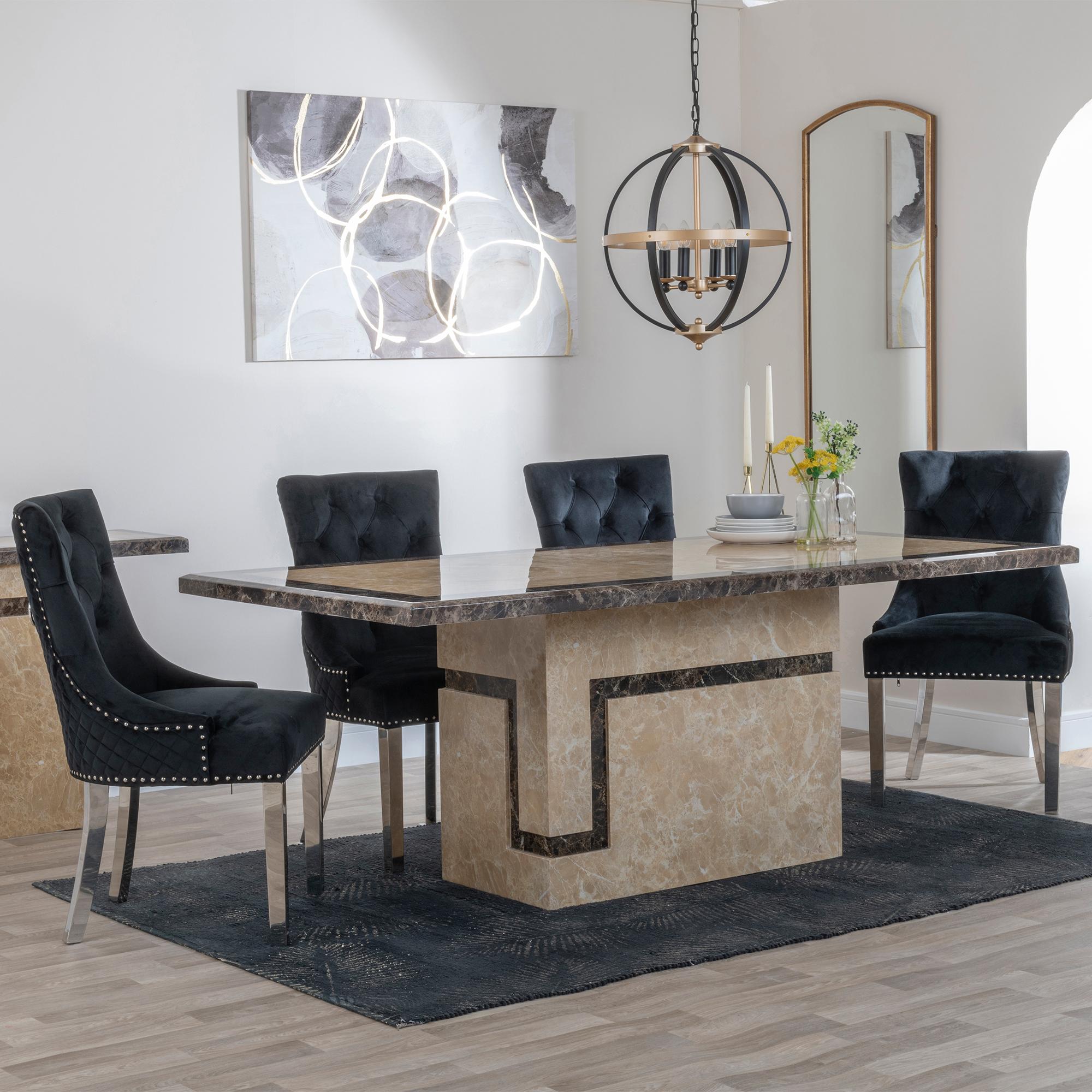 Venice Dining Set - 6 Seater - 160cm - Cream Marble - Lion Knocker Back Dining Chairs - Black Velvet Fabric - Chrome Legs