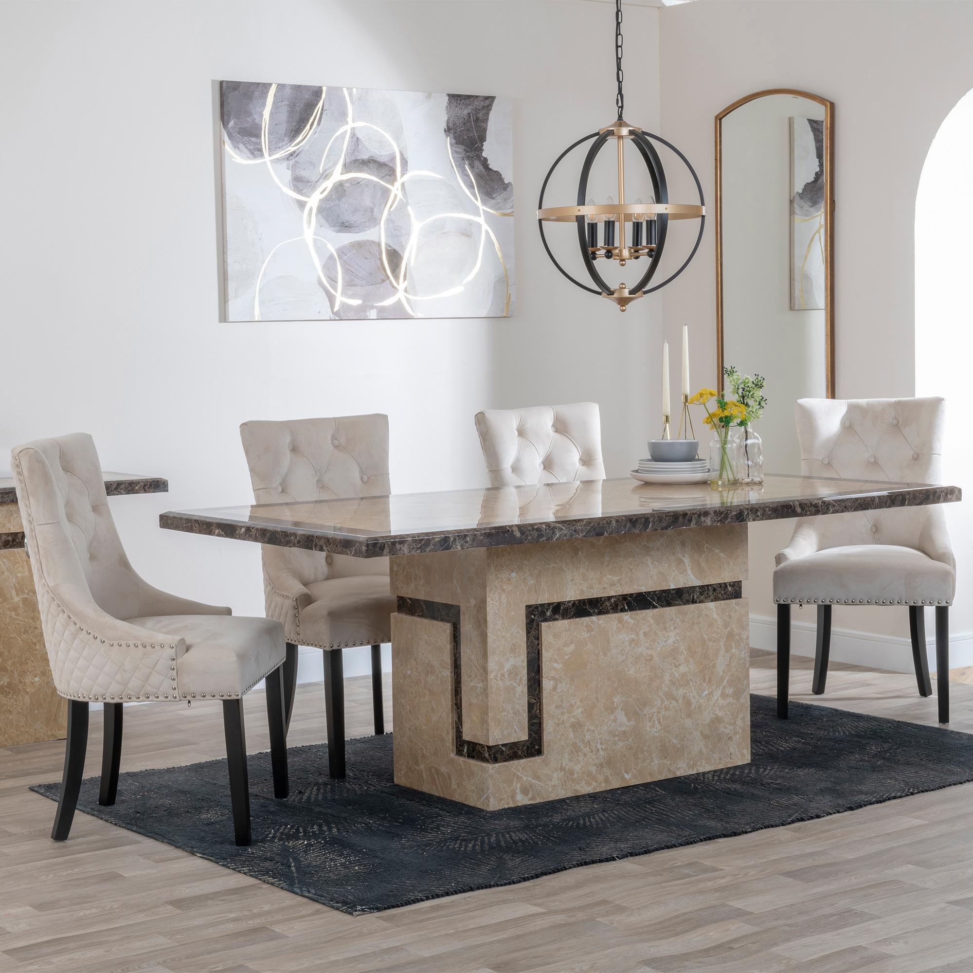 Venice Dining Set - 6 Seater - 160cm - Cream Marble - Lion Knocker Back Dining Chairs - Champagne Velvet Fabric - Black Wooden Legs