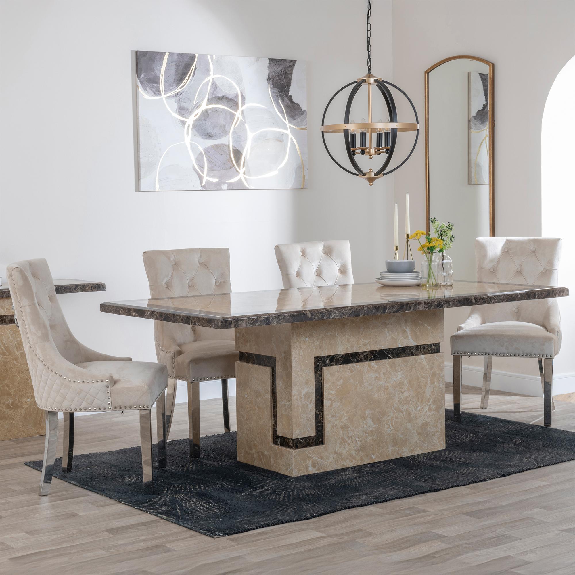 Venice Dining Set - 6 Seater - 160cm - Cream Marble - Lion Knocker Back Dining Chairs - Champagne Velvet Fabric - Chrome Legs