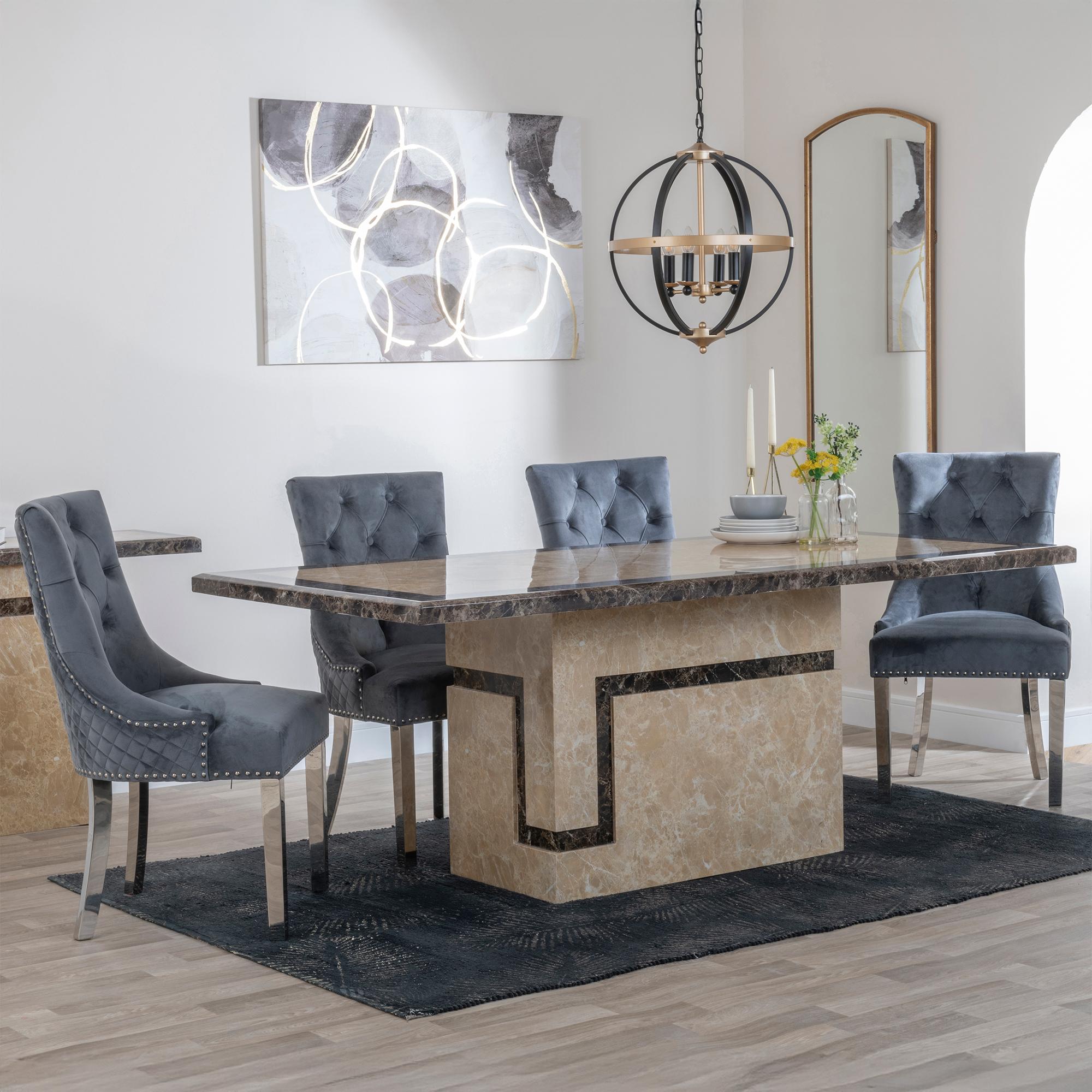 Venice Dining Set - 6 Seater - 160cm - Cream Marble - Lion Knocker Back Dining Chairs - Grey Velvet Fabric - Chrome Legs