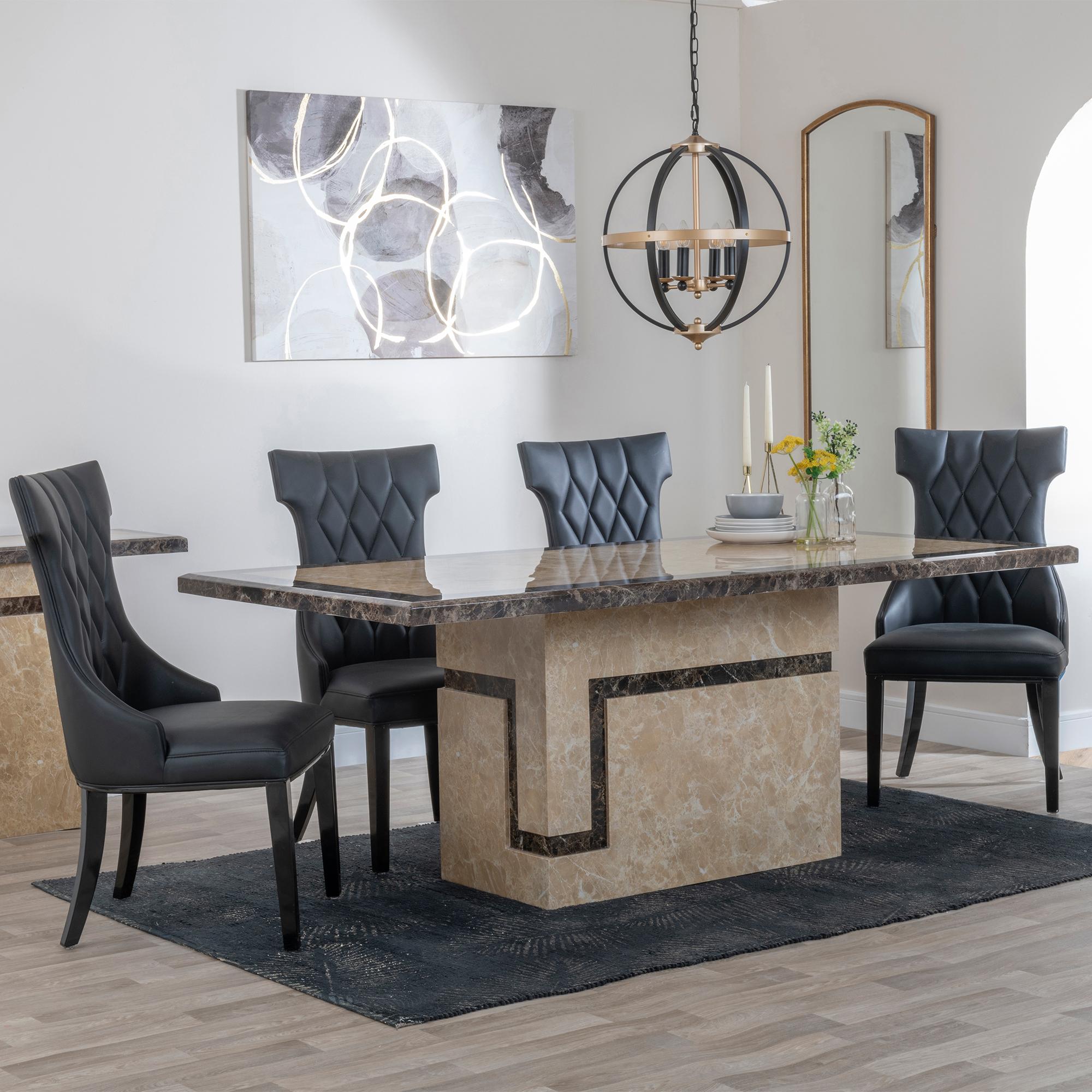 Venice Dining Set - 6 Seater - 160cm - Cream Marble - Mimi Dining Chairs - Black Leather