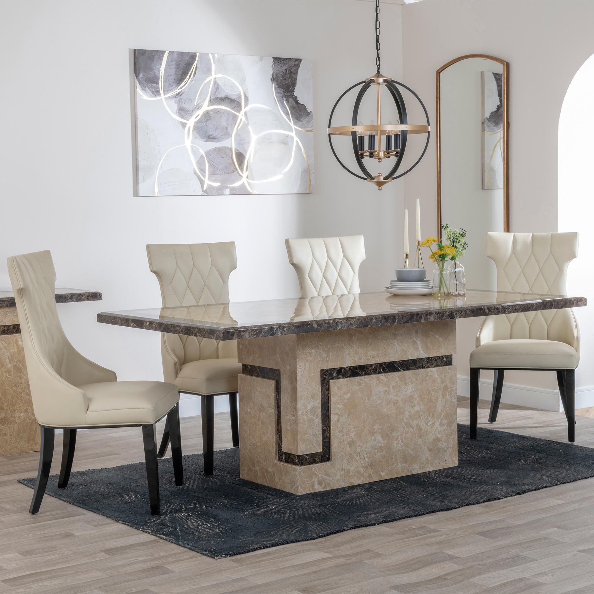 Venice Dining Set - 6 Seater - 160cm - Cream Marble - Mimi Dining Chairs - Cream Leather