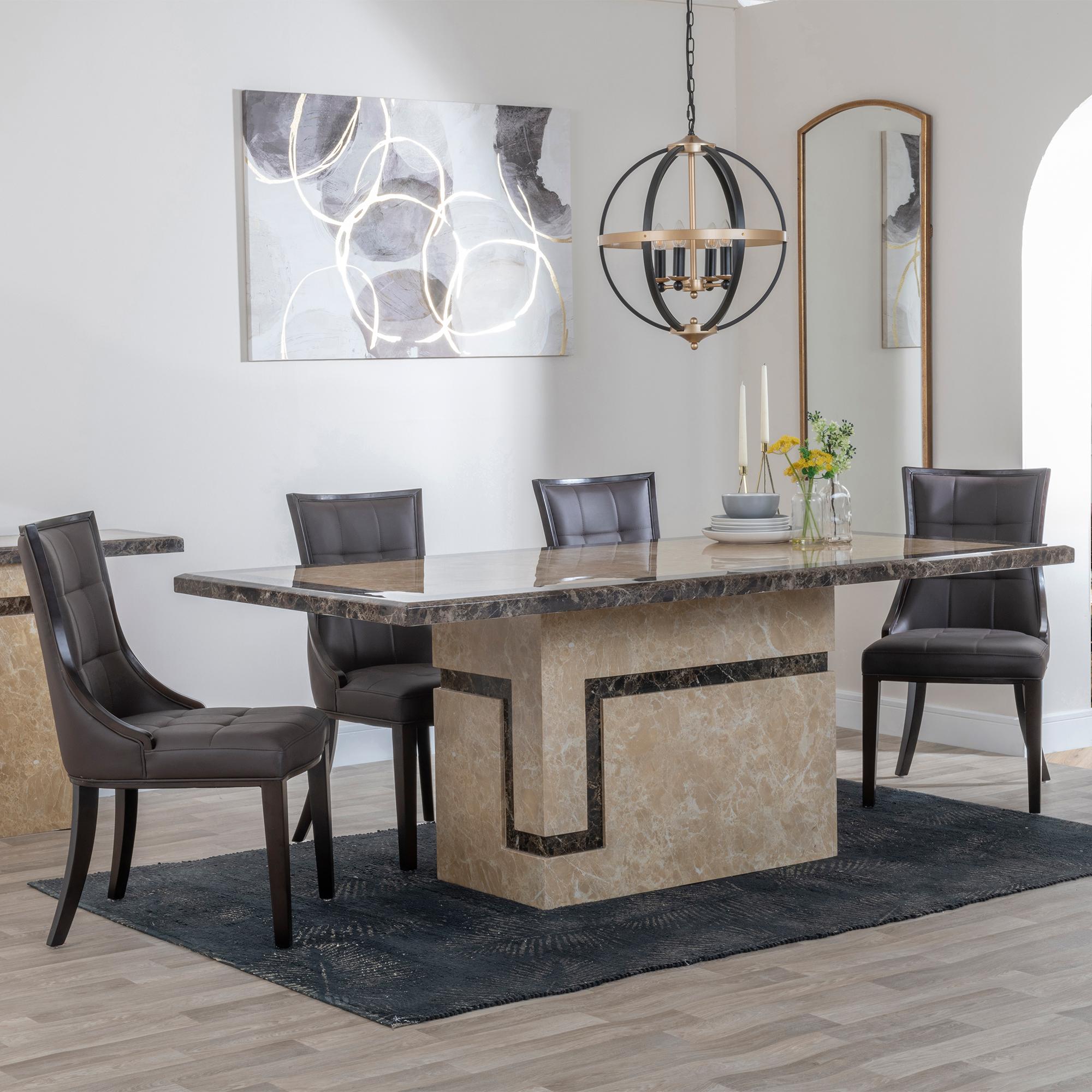 Venice Dining Set - 6 Seater - 160cm - Cream Marble - Paris Dining Chairs - Brown Leather - Brown Legs
