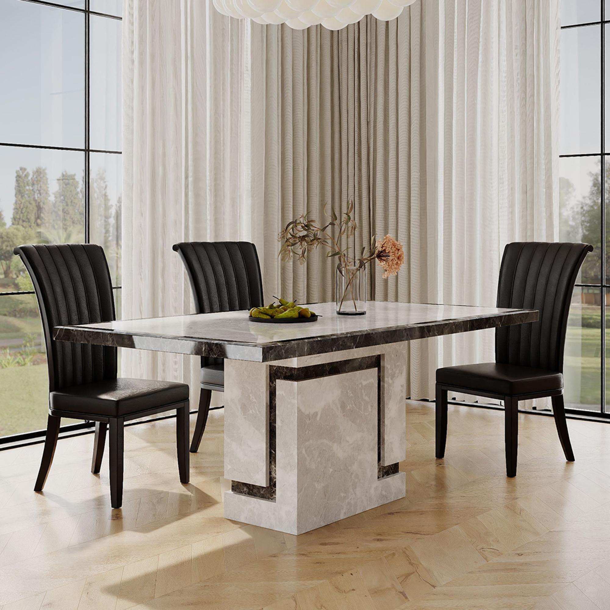 Venice Dining Set - 6 Seater - 160cm - Grey Marble - Cadiz Dining Chairs - Black Leather