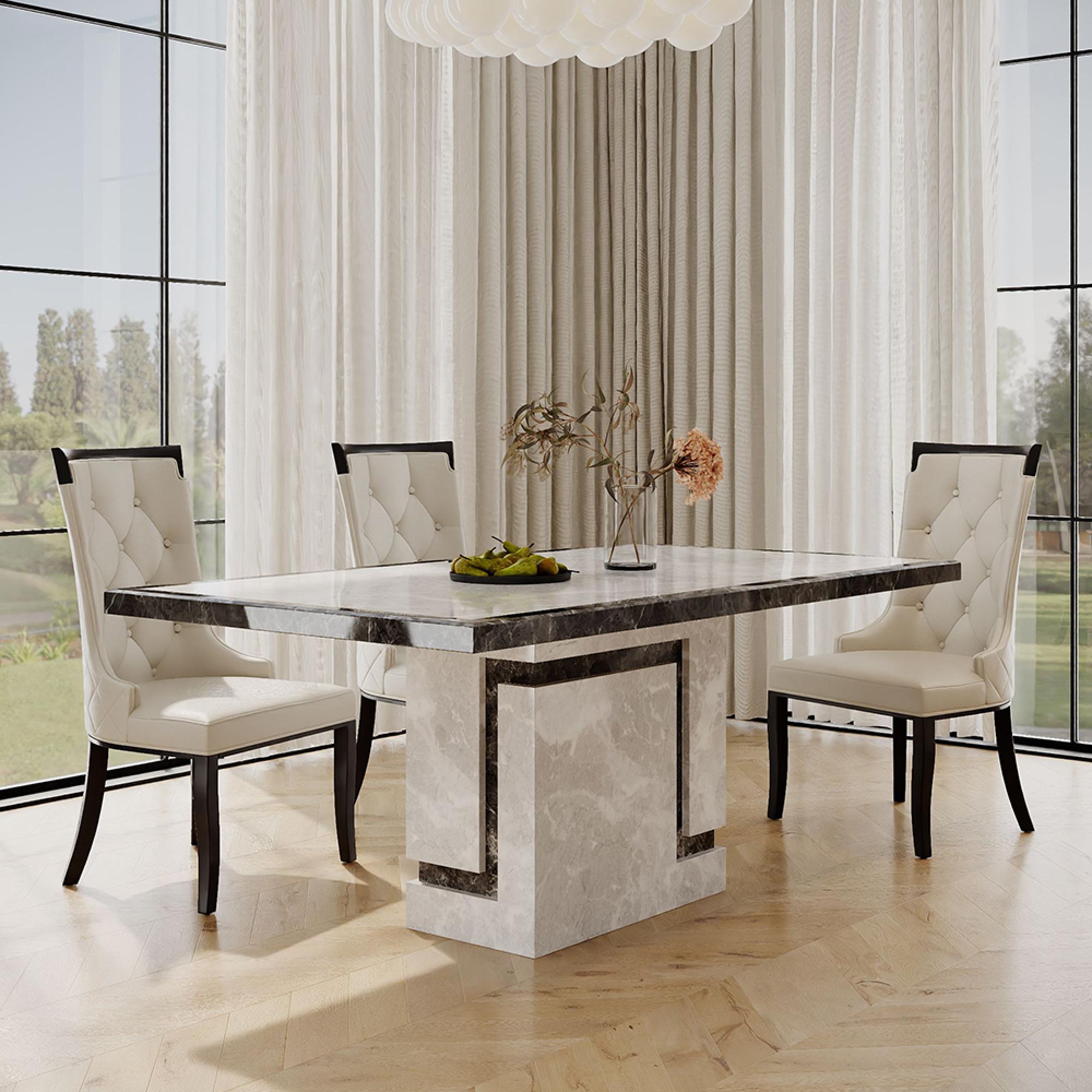 Venice Dining Set - 6 Seater - 160cm - Grey Marble - Carmela Dining Chairs - Cream Leather