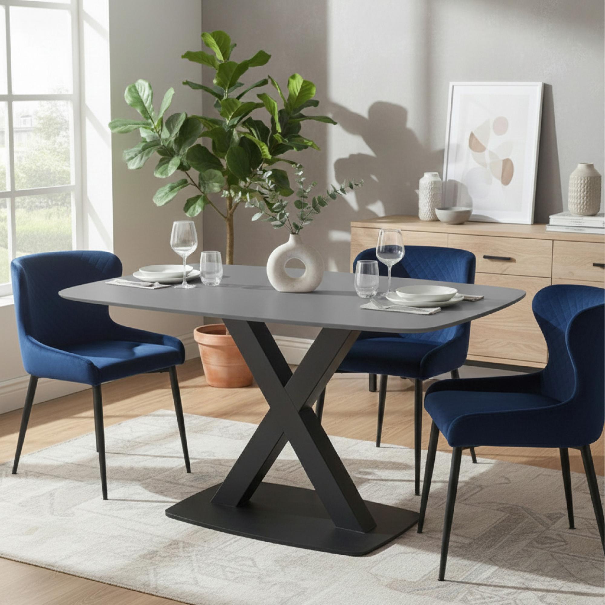Vernal Dining Set - 4 Seater - 130cm - Grey Sintered Stone - 4 Langley Blue Fabric Chair