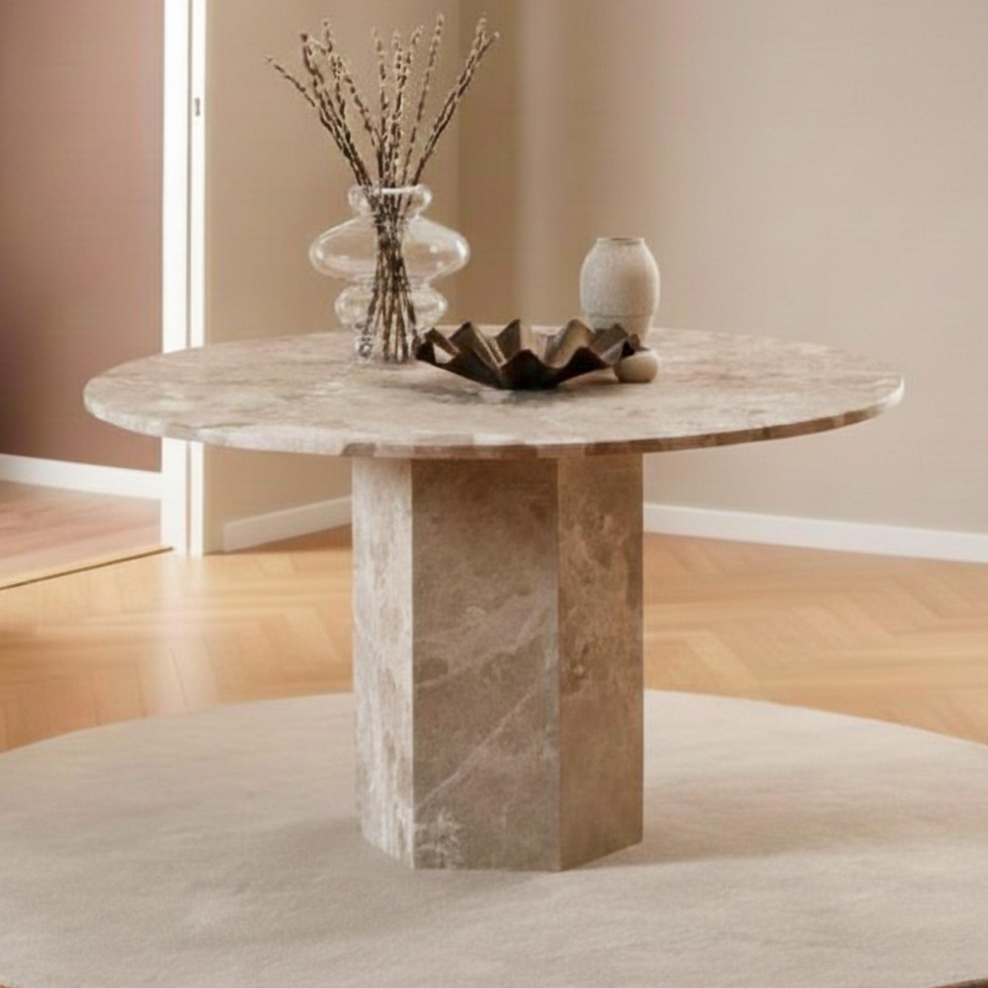 Naxos Round Dining Table - 4 Seater - Pedestal - 130cm - Latte Brown Marble