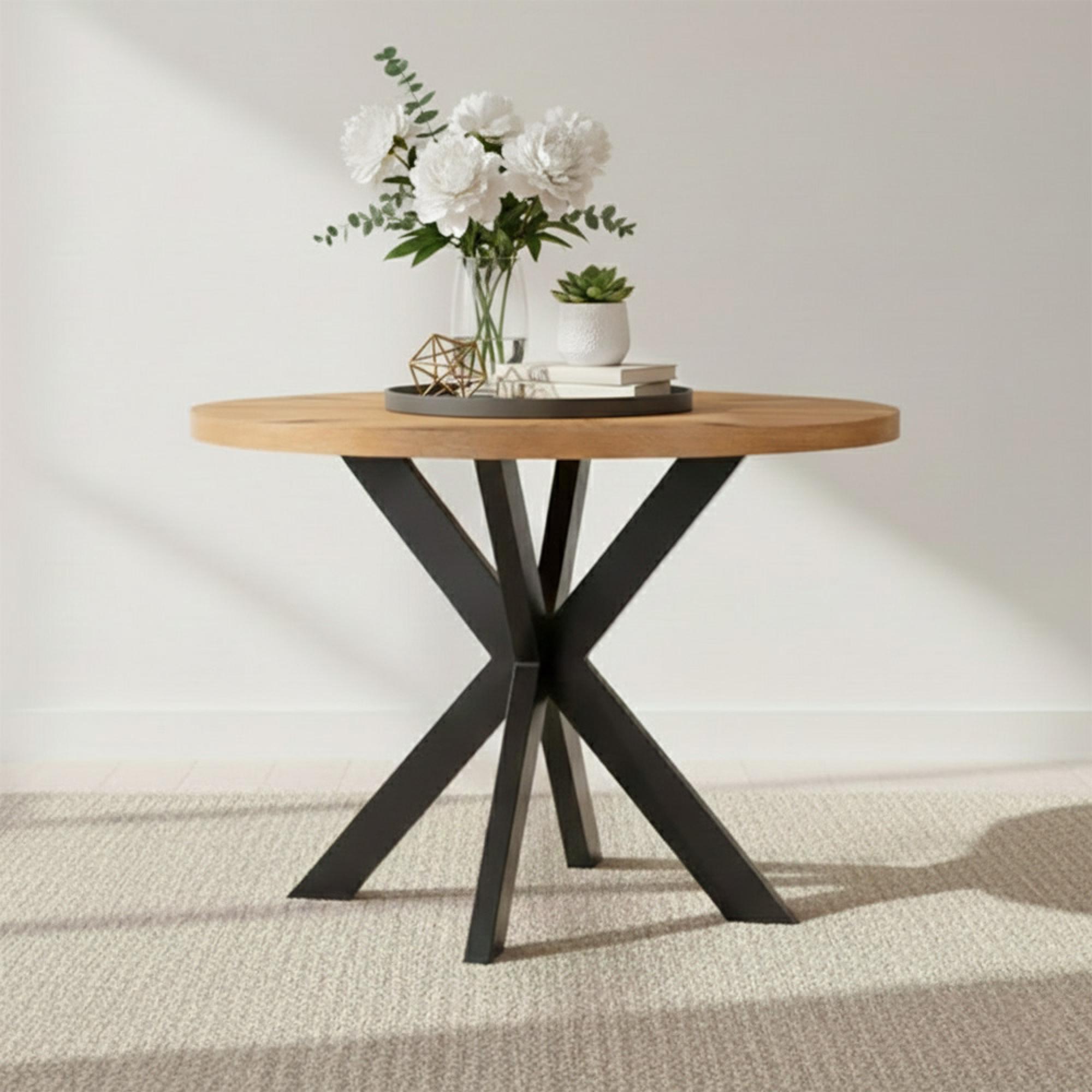 Viento Oak - Sunburst Round Dining Table - 4 Seater - 110cm - with Black Spider Legs