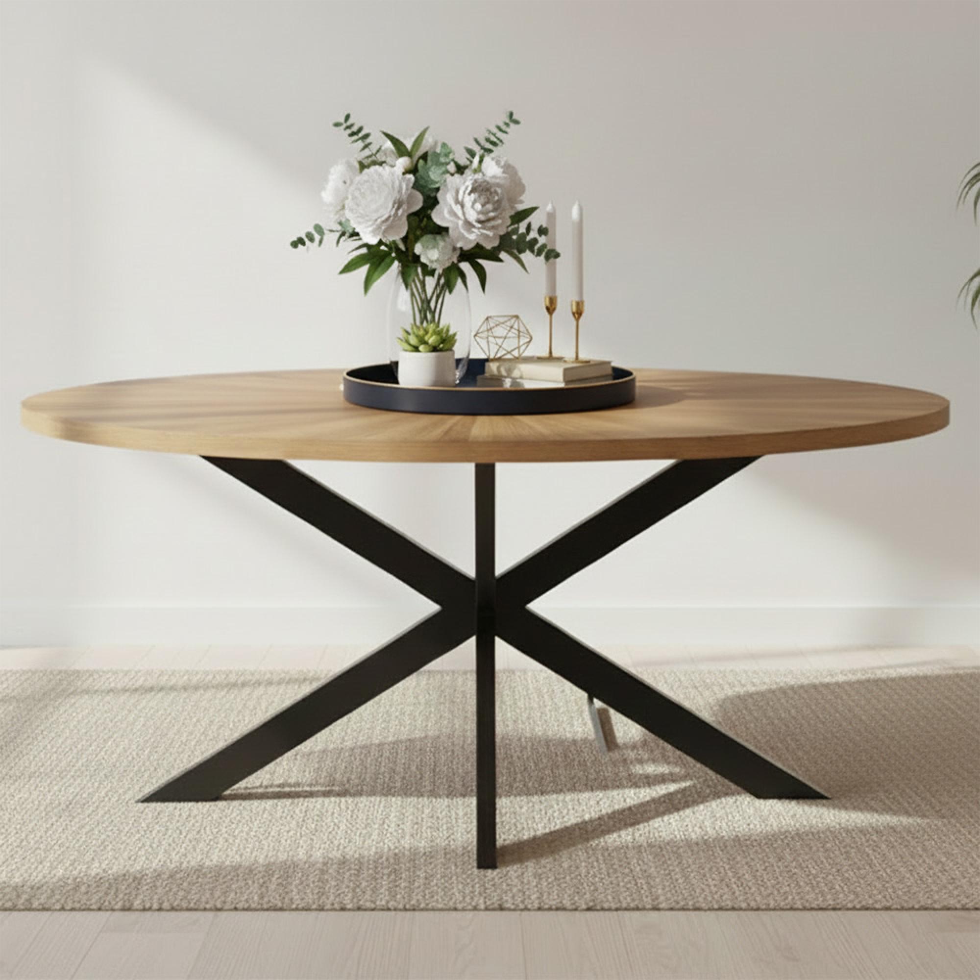 Viento Oak - Sunburst Oval Elip Dining Table - 6 Seater - 180cm - with Black Spider Legs