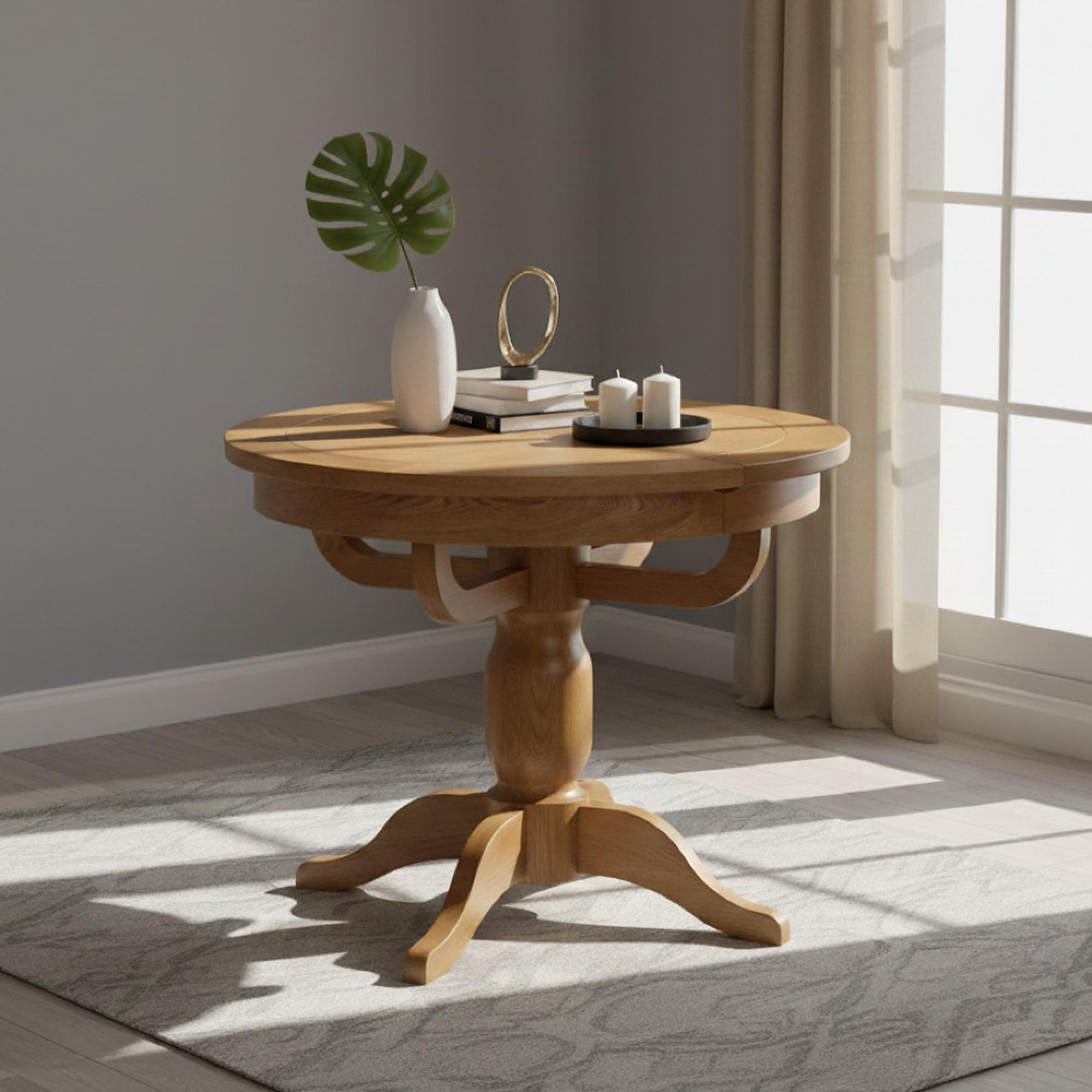 Original Round Extending Dining Table - 4-6 Seater - 100cm-135cm - Pedestal Base - Rustic Oak