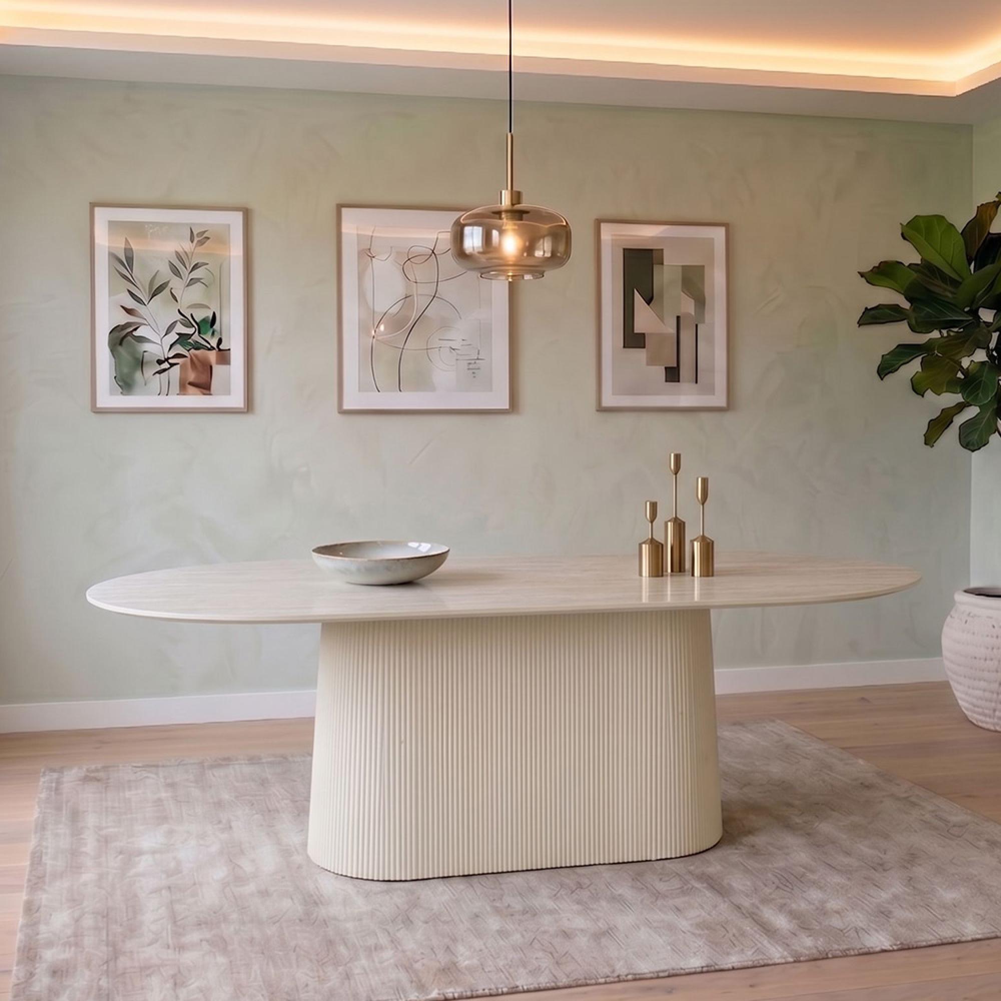 Patrice Fluted Dining Table - 10 Seater - 230cm - Oval - Pedestal - Off White - Mango Wood