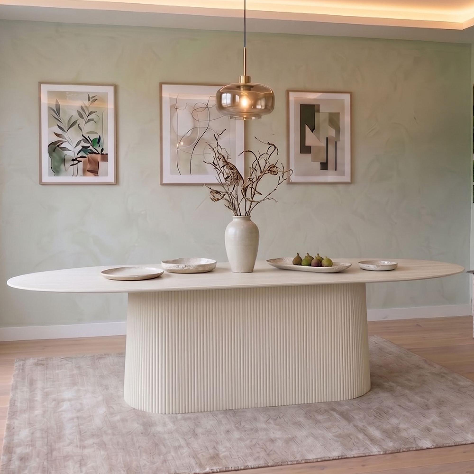 Patrice Fluted Dining Table - 12 Seater - 300cm - Oval - Pedestal - Off White - Mango Wood