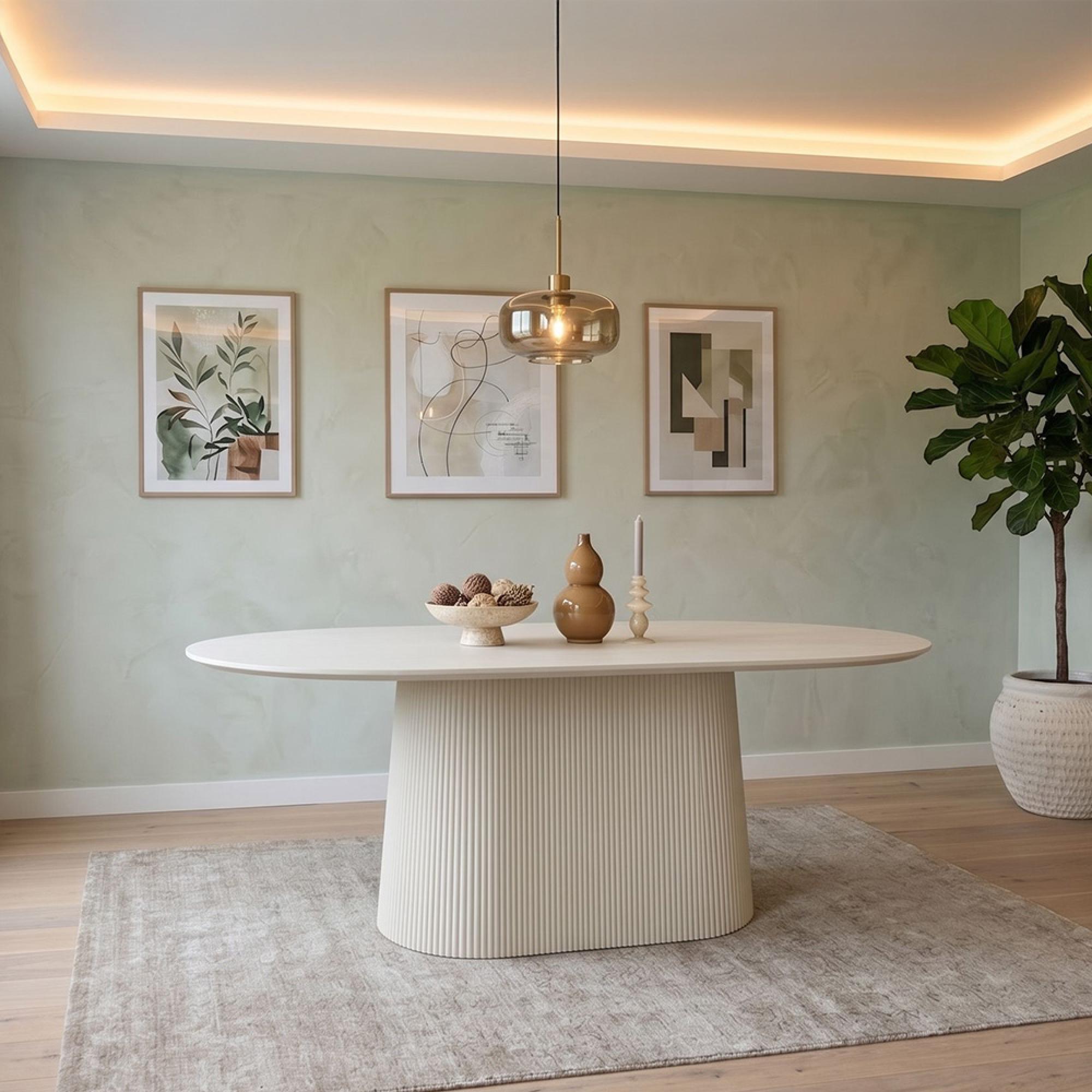 Patrice Fluted Dining Table - 8 Seater - 180cm - Oval - Pedestal - Off White - Mango Wood