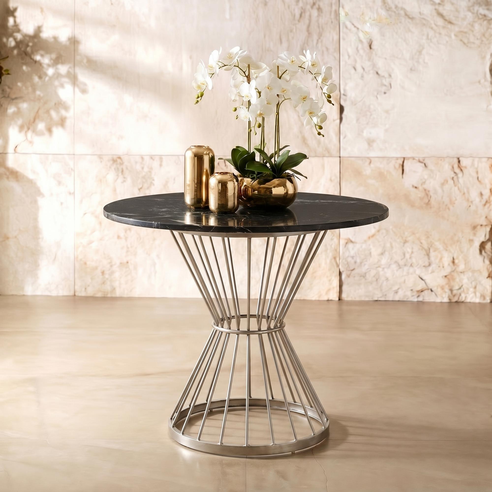 Anzio Dining Table - 2 Seater - 70cm - Round - Black Marble with Silver Hourglass Base