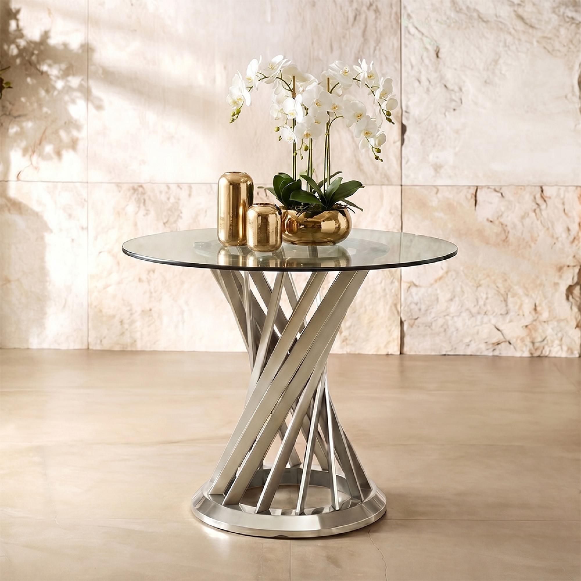 Anzio Dining Table - 2 Seater - 90cm - Round - Clear Glass with Silver Hourglass Base