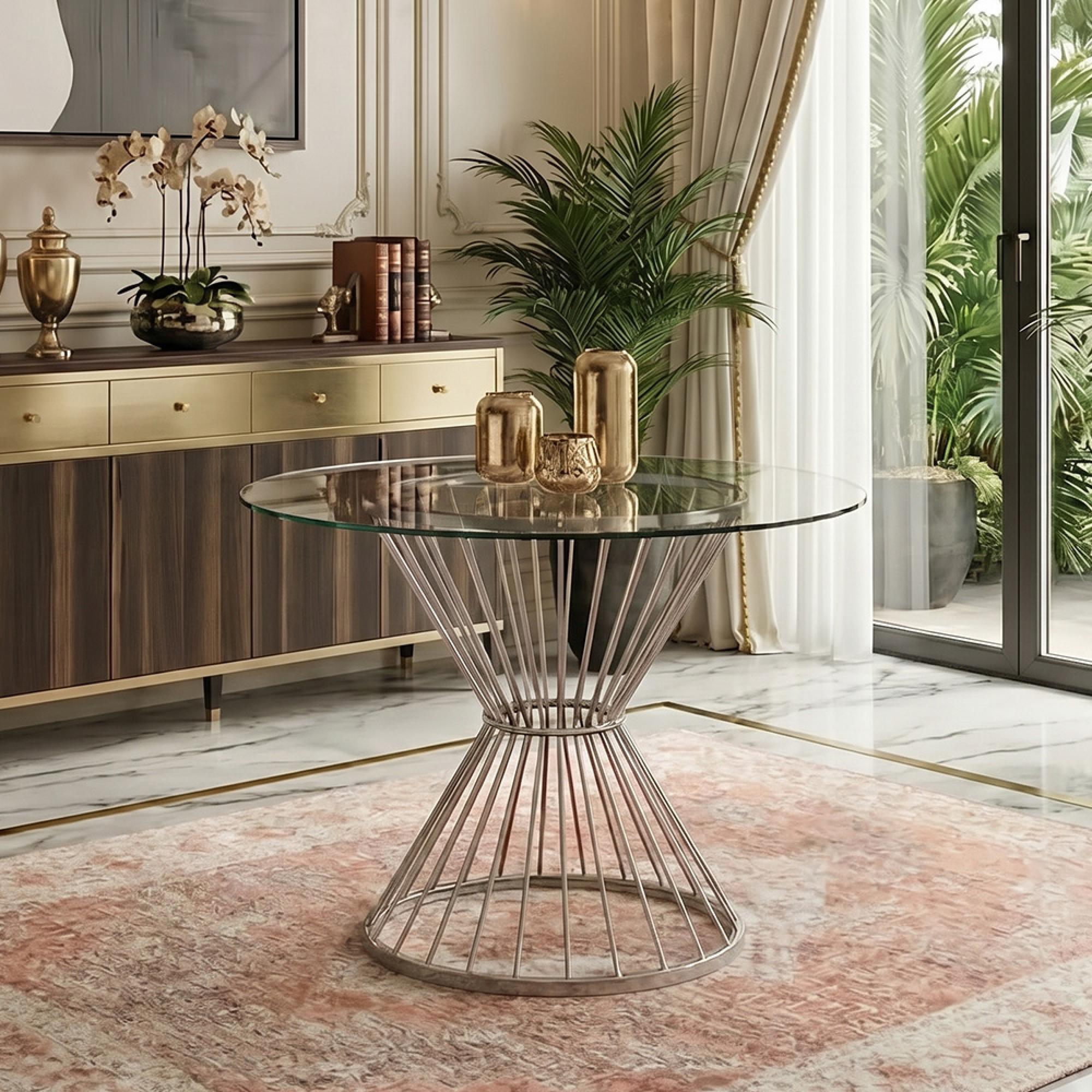 Anzio Dining Table - 2 Seater - 90cm - Round - Clear Glass with Wireframe Hourglass Base