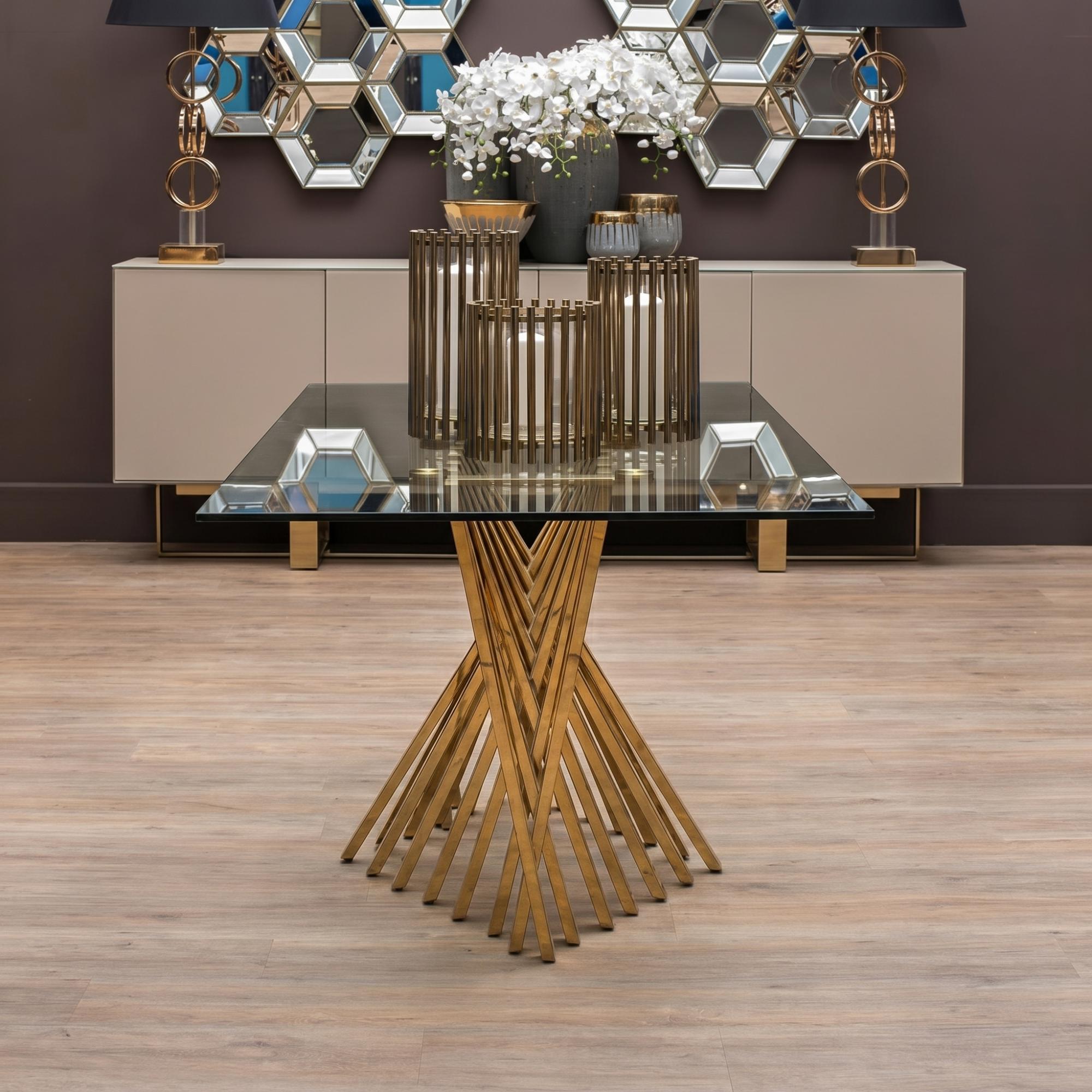 Arezzo Dining Table - 6 Seater - 180cm - Clear Glass with Gold Base