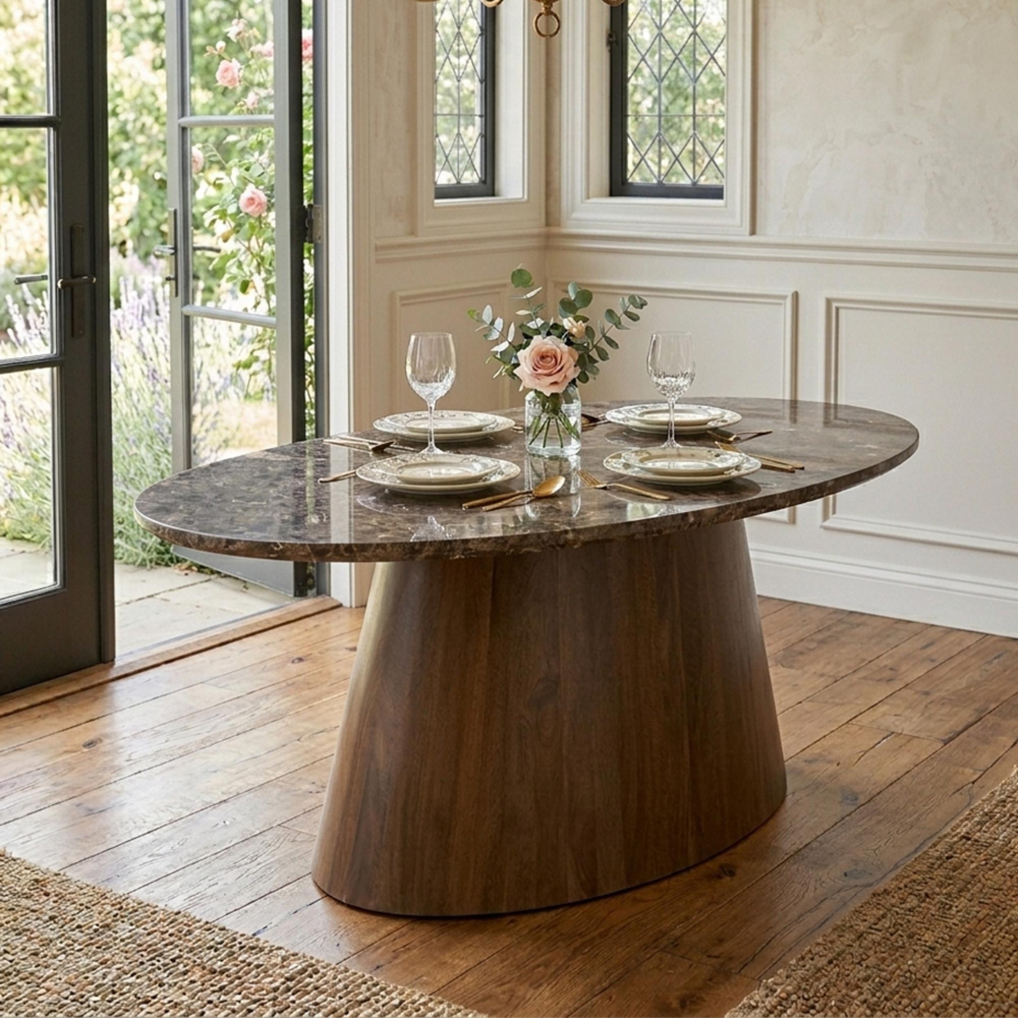 Dining Table - 210cm - 8 Seater - Oval - Brown - Marble and Mango Wood