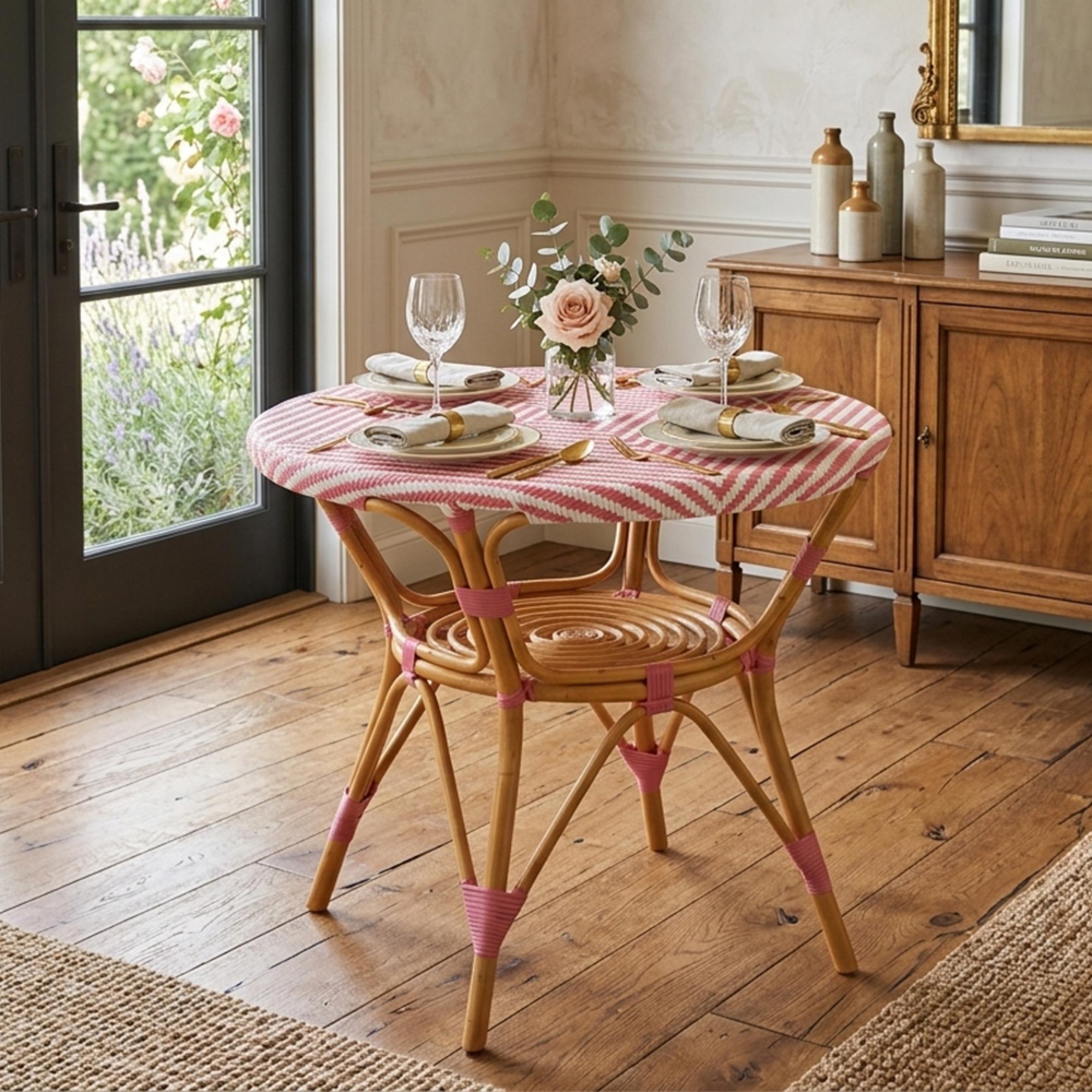 Dining Table - 90cm - 2 Seater - Round - Pink and White - Rattan and Bamboo Wood