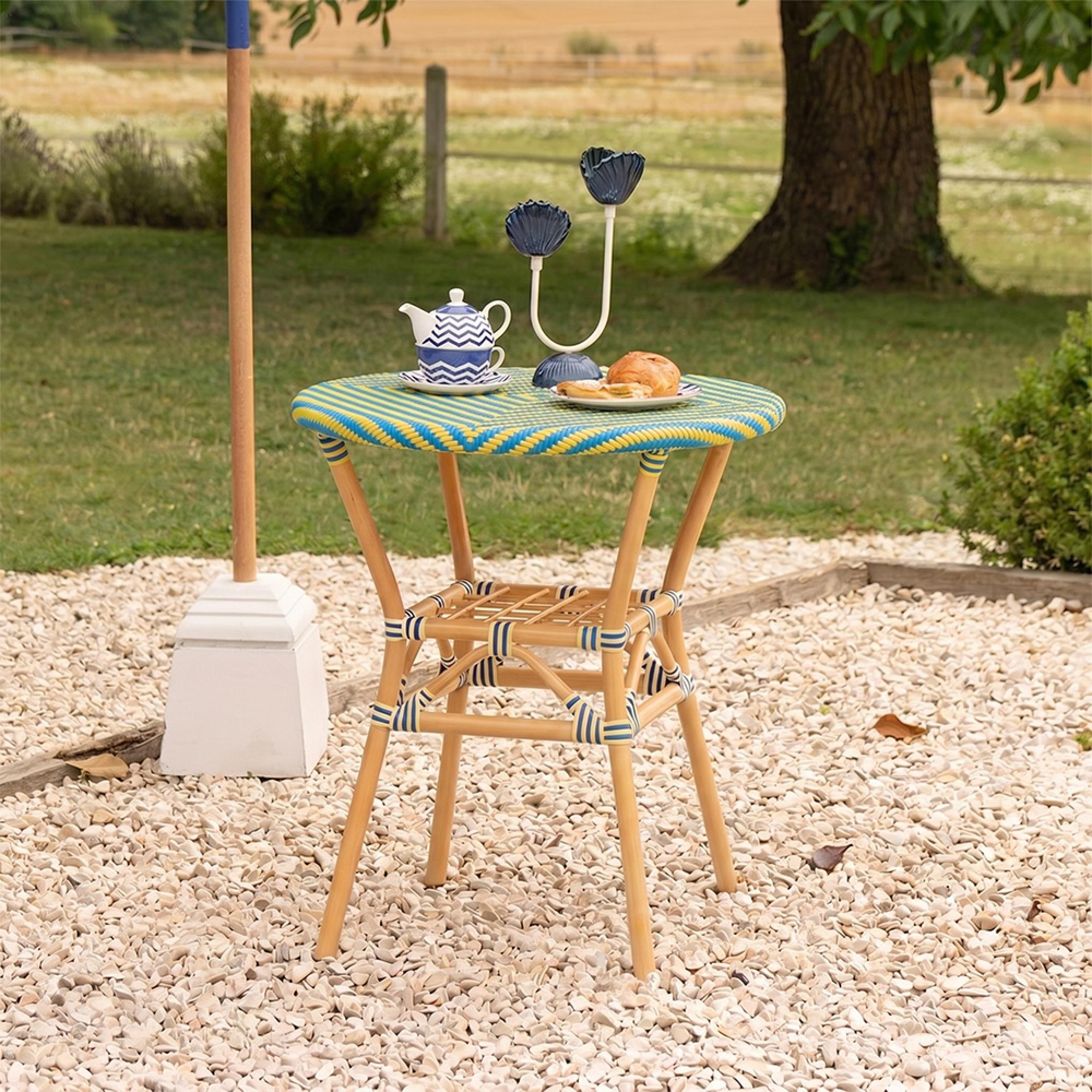 Geo Outdoor Dining Table - 70cm - 2 Seater - Round - Yellow and Azure Blue - Rattan and Bamboo Wood